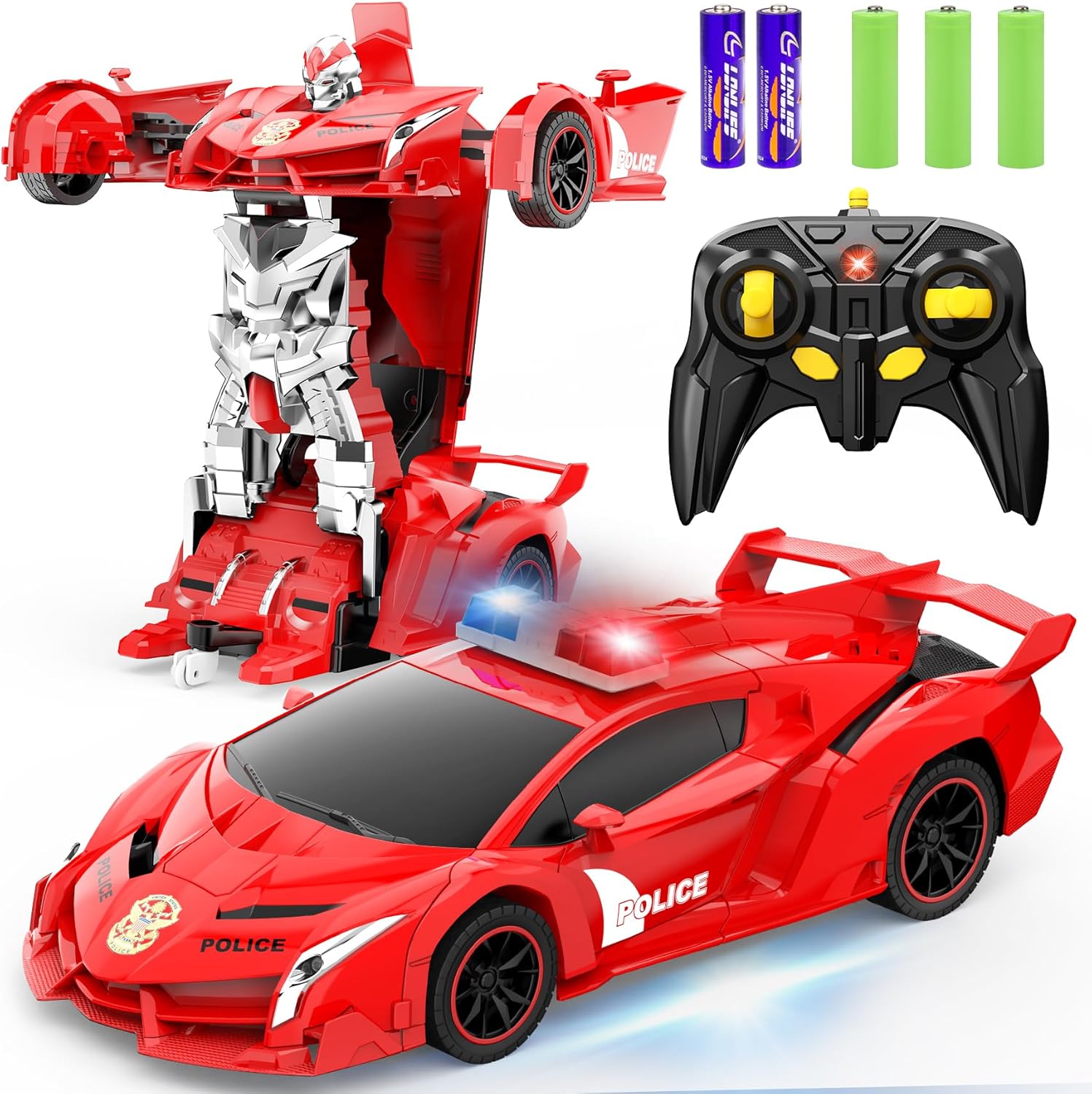 Voiture-robot transformable télécommandée | Voiture de police RC avec transformation à un bouton, lumière clignotante et rotation à 360° pour enfants King of Toys