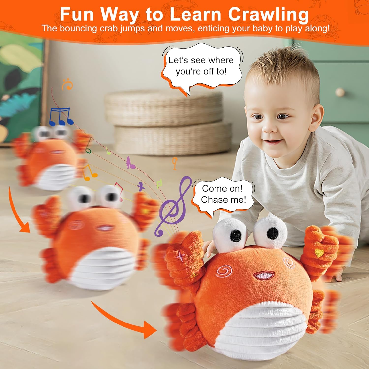 Crabe Musical rampant Jouet Bébé 0-12 Mois - Jouet Sensoriel Dansant avec Son et Fonction d'Enregistrement pour Bébé, Tout-Petit, Garçons et Filles - Cadeau Interactif pour Stimuler l'Apprentissage de la Marche à Quatre Pattes