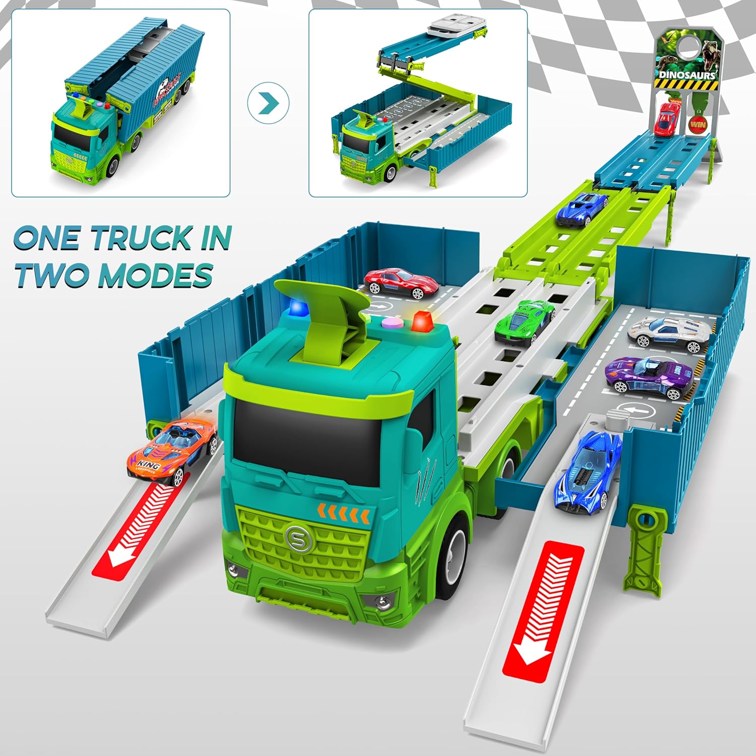 Piste de Course avec Camion Transporteur, Jouet 3 Couches, 8 Voitures de Course Incluses, Cadeau Enfant 3-6 Ans, Jouet Pliable pour Garçons et Filles King of Toys