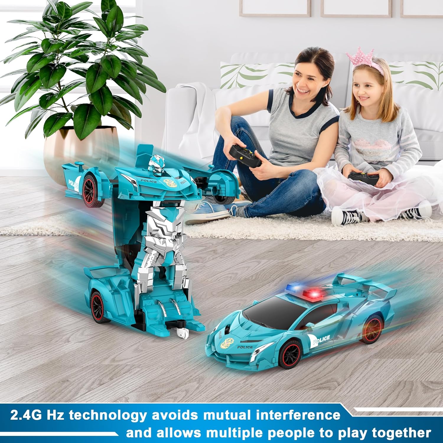 Voiture-robot transformable télécommandée | Voiture de police RC avec transformation à un bouton, lumière clignotante et rotation à 360° pour enfants King of Toys