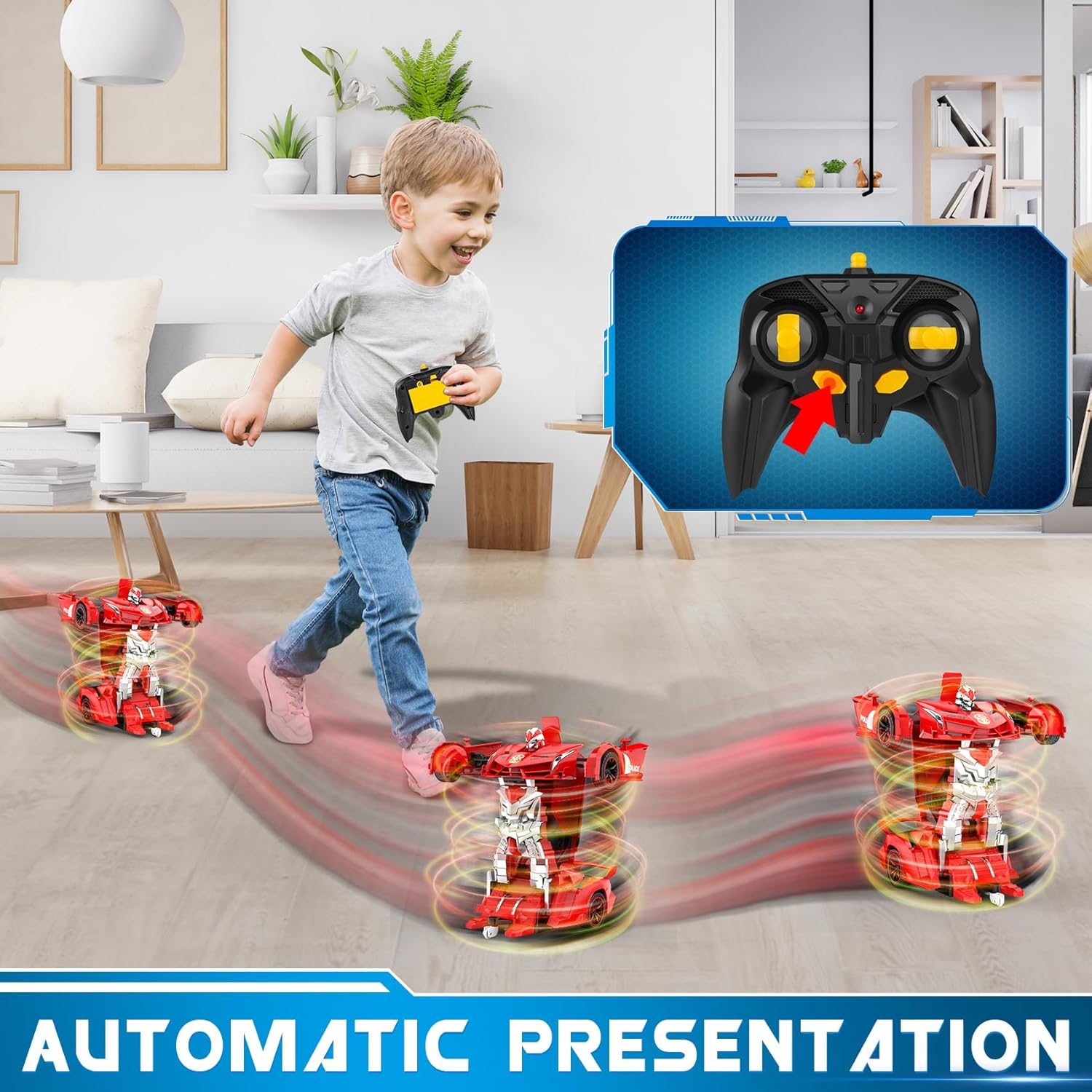 Voiture-robot transformable télécommandée | Voiture de police RC avec transformation à un bouton, lumière clignotante et rotation à 360° pour enfants King of Toys