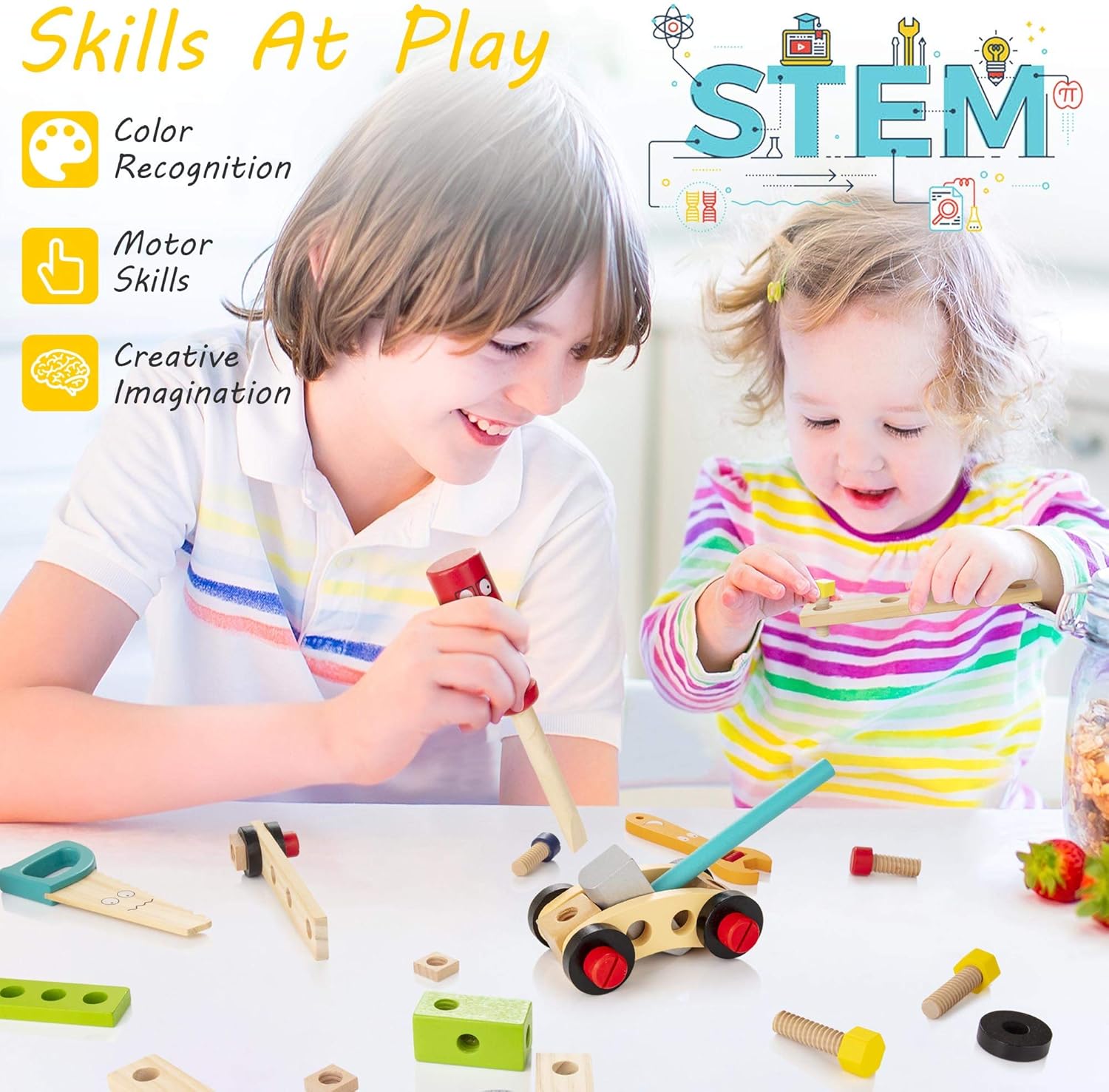 Kit d'Outils en Bois Montessori pour Enfants | Boîte à Outils et Stickers DIY, Jeu de Construction Éducatif STEM pour Enfants de 3 à 7 Ans