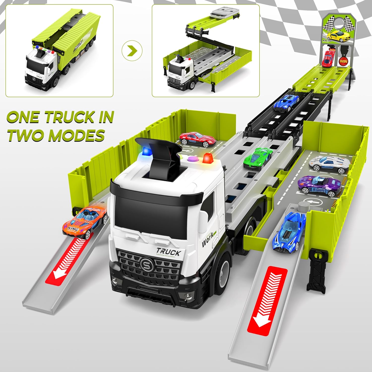 Piste de Course avec Camion Transporteur, Jouet 3 Couches, 8 Voitures de Course Incluses, Cadeau Enfant 3-6 Ans, Jouet Pliable pour Garçons et Filles King of Toys