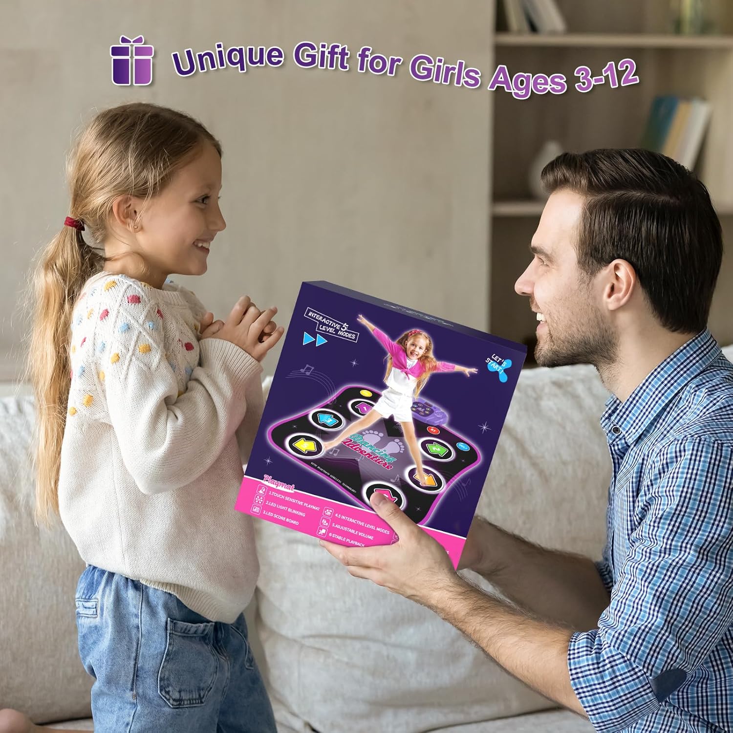 Tapis de Danse Électronique Bluetooth pour Enfants 3-12 Ans - Tapis de Jeu Musical Lumineux 6 Boutons avec 5 Modes - Cadeau Anniversaire Noël Fille