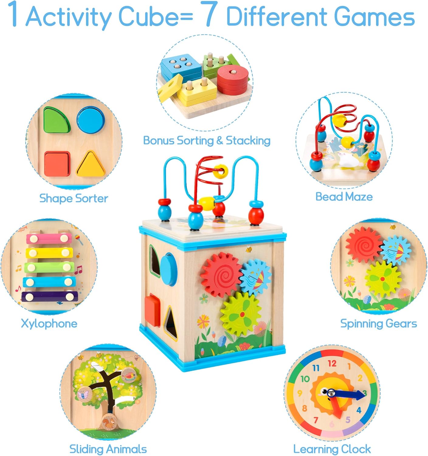 Cube d'Activités en Bois 7-en-1 pour Bébé 1 An et Plus - Jouet Montessori Éducatif pour Tout-Petits Garçons et Filles - Cadeau d'Anniversaire Idéal