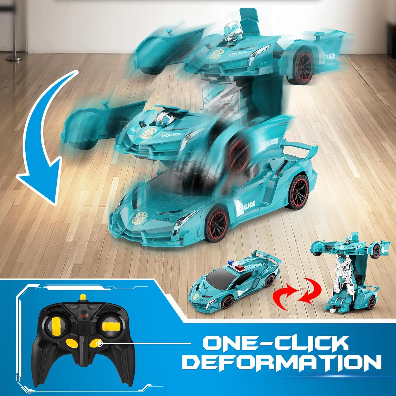 Voiture-robot transformable télécommandée | Voiture de police RC avec transformation à un bouton, lumière clignotante et rotation à 360° pour enfants King of Toys