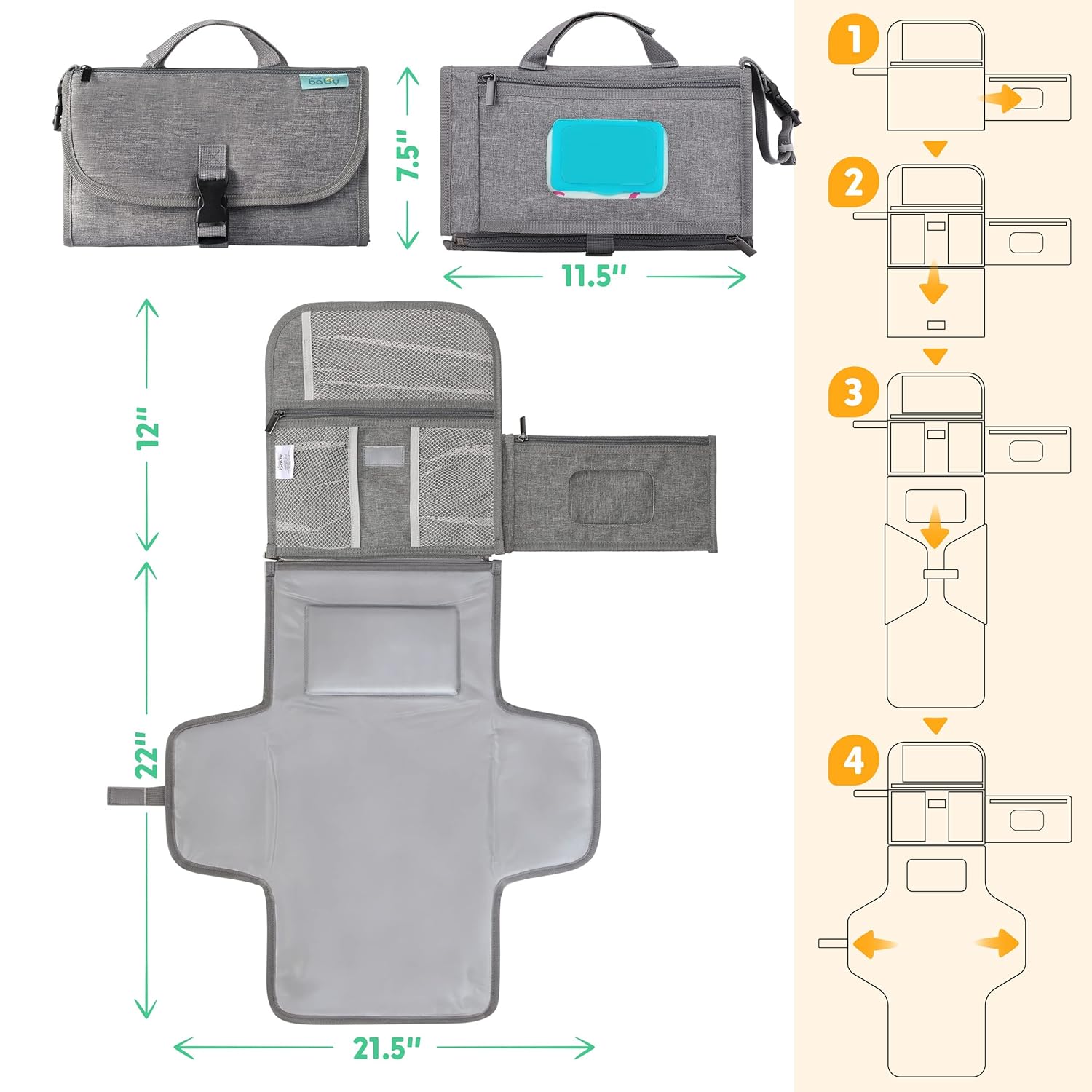 Matelas à Langer Portable Pliable pour Bébé - Kit de Voyage 3-en-1 avec Poches et Tapis à Langer Imperméable pour Nouveau-Né