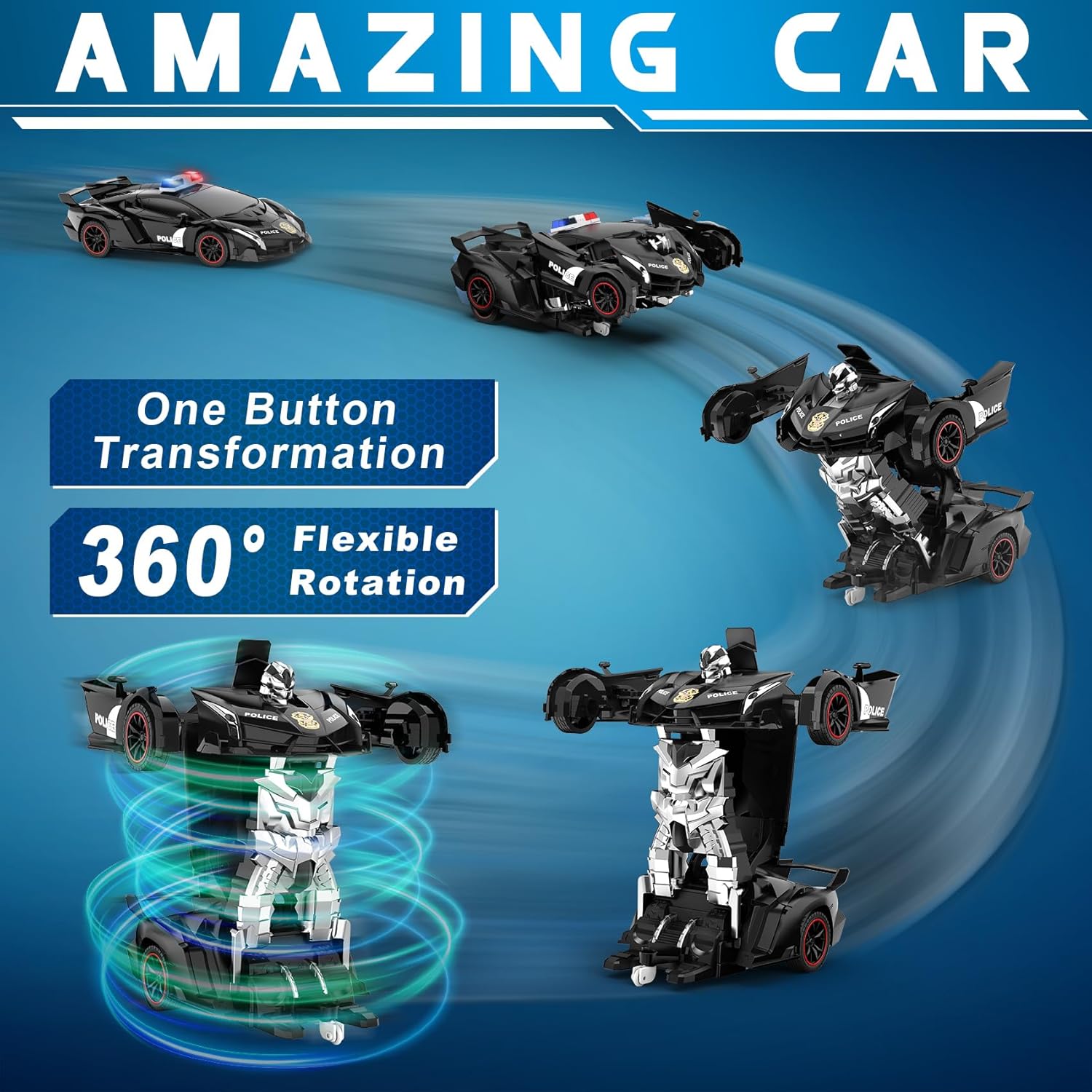 Voiture-robot transformable télécommandée | Voiture de police RC avec transformation à un bouton, lumière clignotante et rotation à 360° pour enfants King of Toys