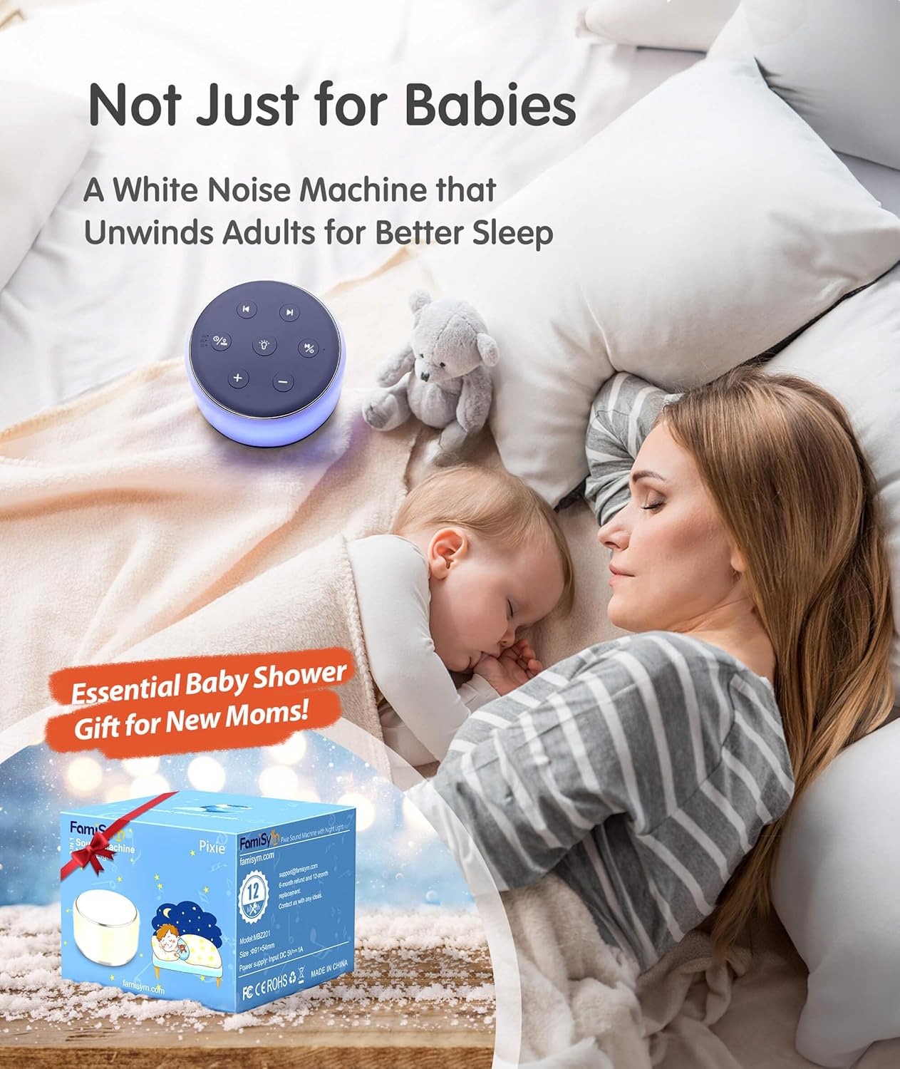 Machine à Bruit Blanc Rechargeable pour Bébé et Adulte - Veilleuse Musique 34 Sons Apaisants - Aide au Sommeil Portable pour Voyage et Maison