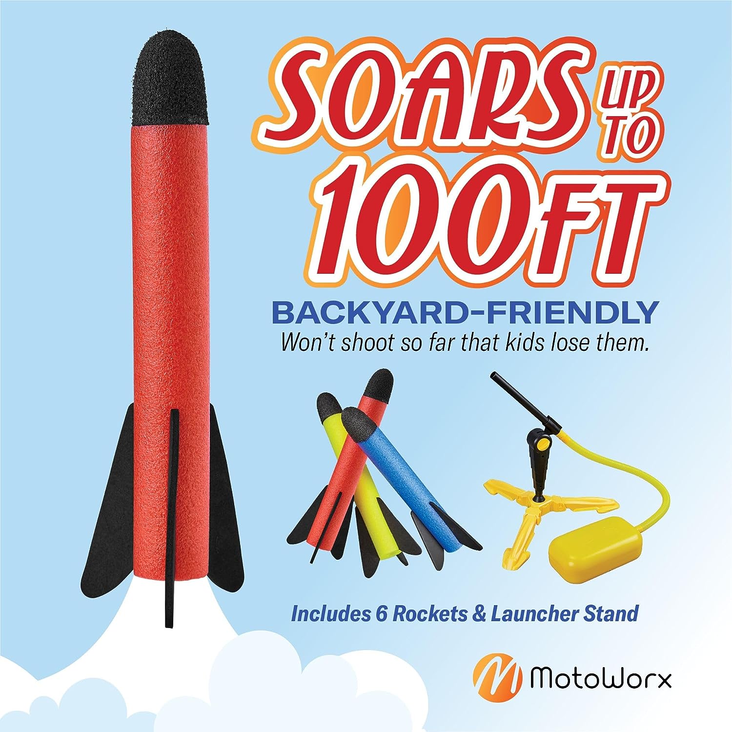 Lanceur de fusées pour enfants - Lance jusqu'à 100 mètres - 6 fusées en mousse colorées et support de lancement solide, rampe de lancement en forme de souche - Jouets d'extérieur amusants pour les enfants âgés de 3 ans et plus. De Speelgoed Koning