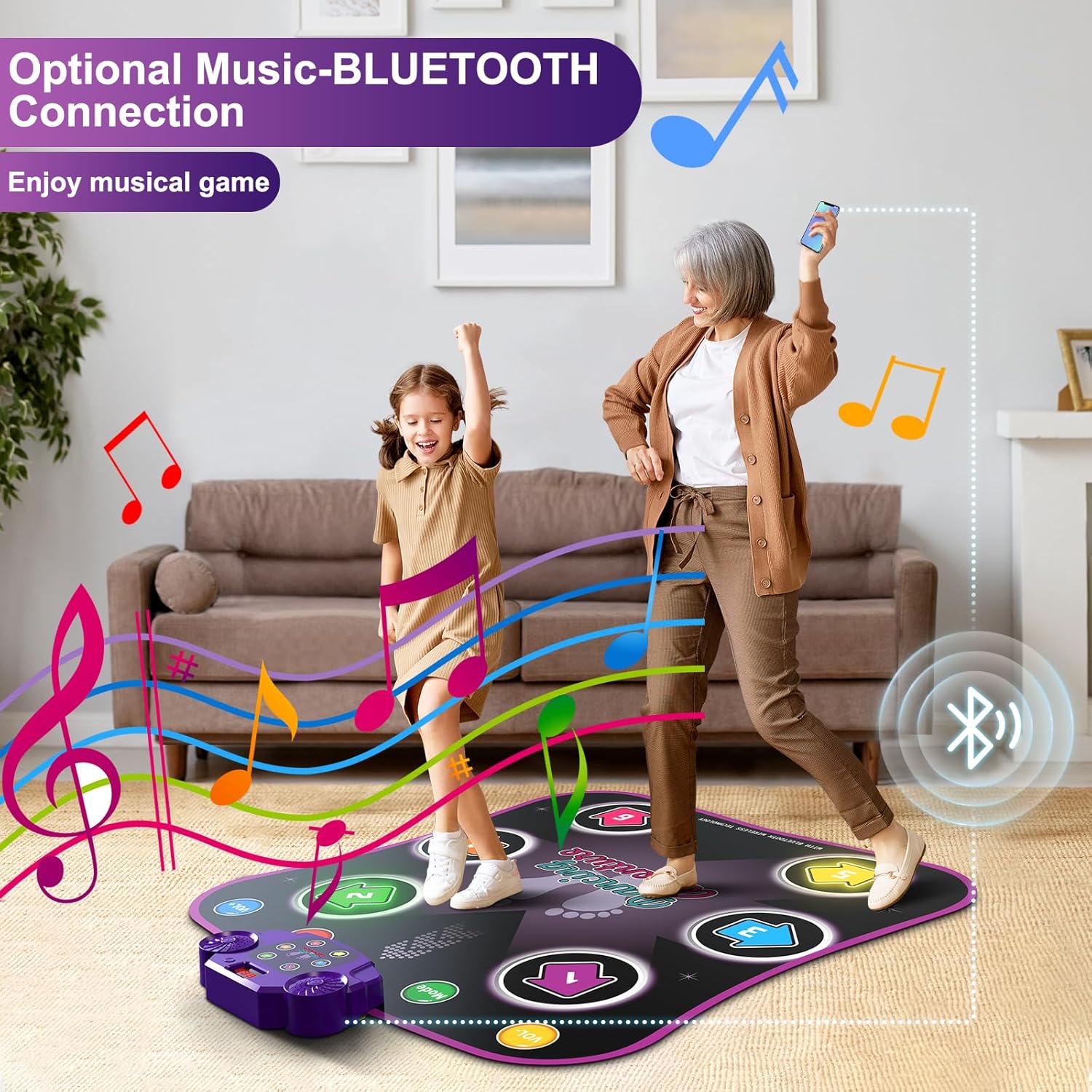 Tapis de Danse Électronique Bluetooth pour Enfants 3-12 Ans - Tapis de Jeu Musical Lumineux 6 Boutons avec 5 Modes - Cadeau Anniversaire Noël Fille