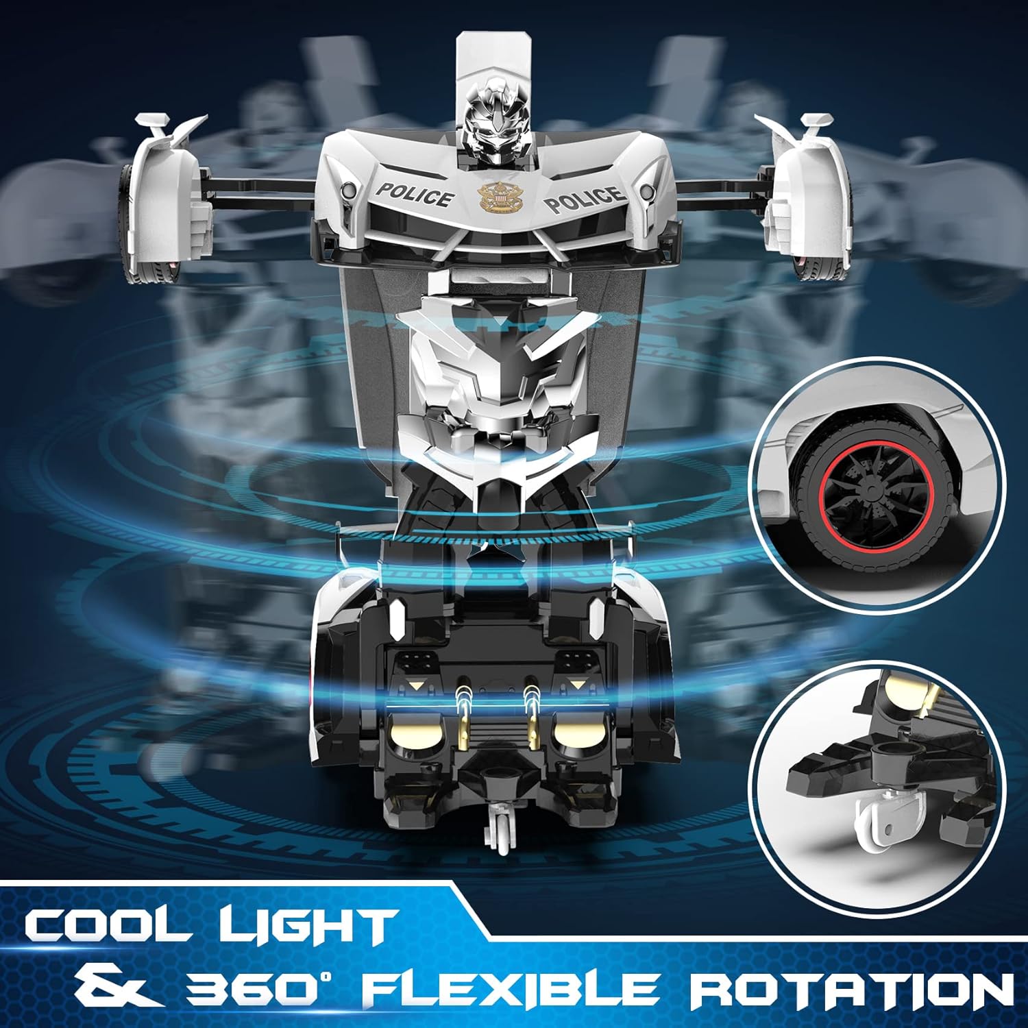 Voiture-robot transformable télécommandée | Voiture de police RC avec transformation à un bouton, lumière clignotante et rotation à 360° pour enfants King of Toys