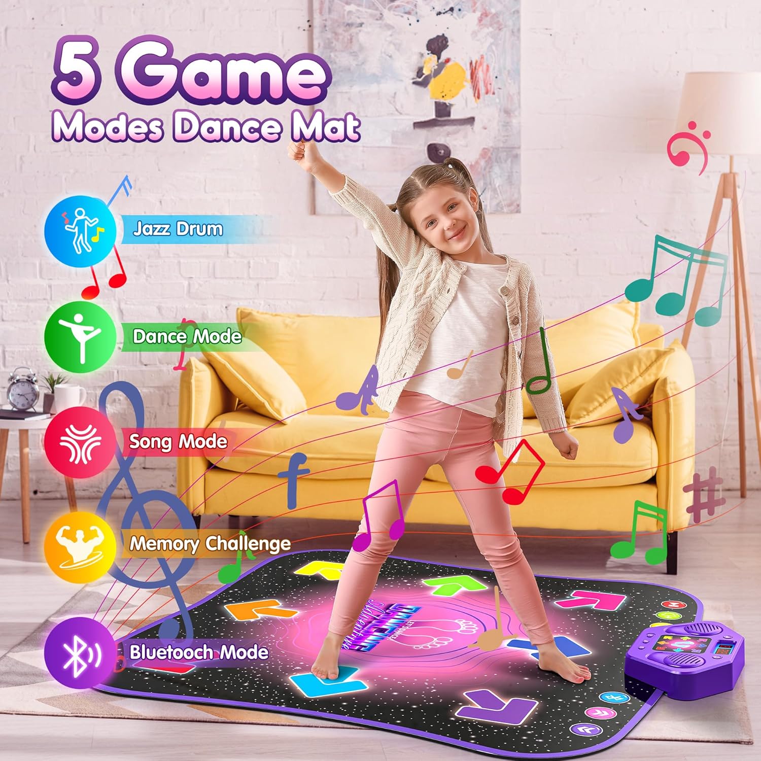 Tapis de Danse Électronique Bluetooth pour Enfants 3-12 Ans - Tapis de Jeu Musical Lumineux 6 Boutons avec 5 Modes - Cadeau Anniversaire Noël Fille