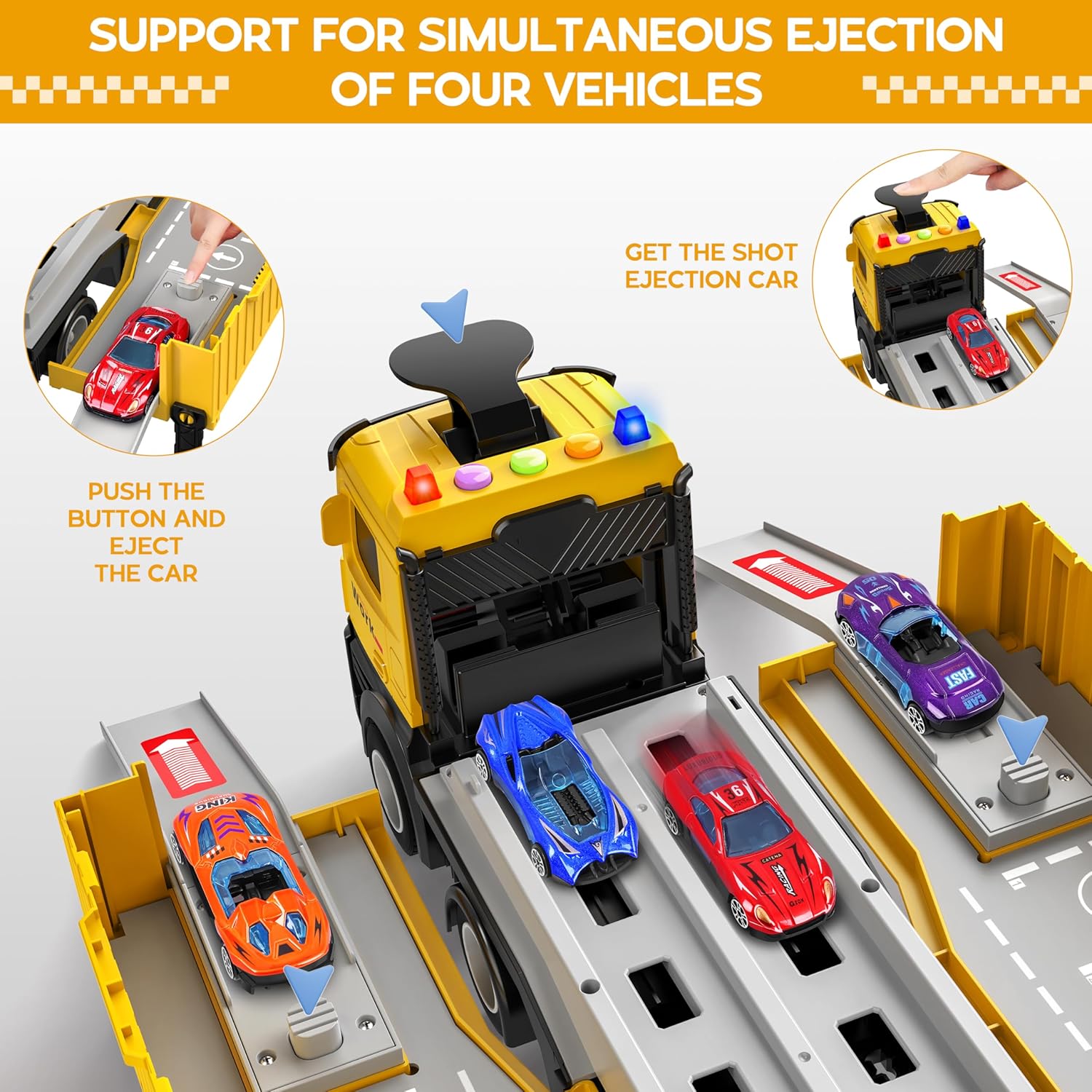 Piste de Course avec Camion Transporteur, Jouet 3 Couches, 8 Voitures de Course Incluses, Cadeau Enfant 3-6 Ans, Jouet Pliable pour Garçons et Filles King of Toys