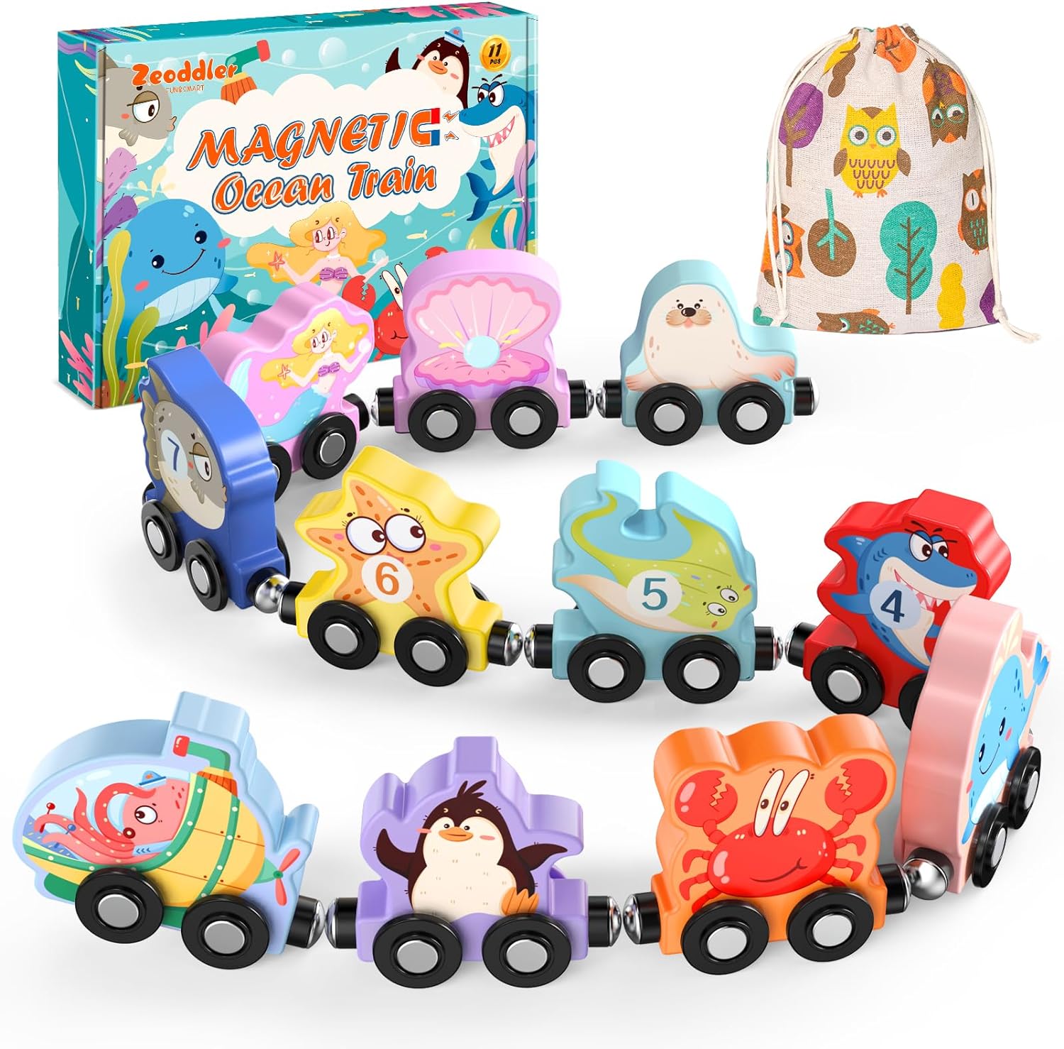 Ensemble de train en bois magnétique avec 11 animaux | Jouets Montessori pour activités d'apprentissage préscolaire des tout-petits King of Toys