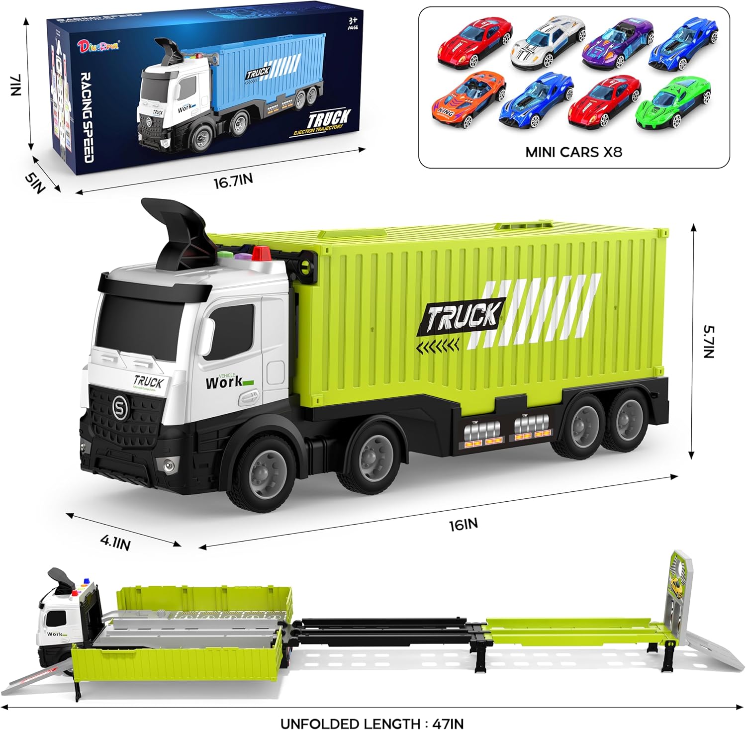 Piste de Course avec Camion Transporteur, Jouet 3 Couches, 8 Voitures de Course Incluses, Cadeau Enfant 3-6 Ans, Jouet Pliable pour Garçons et Filles King of Toys