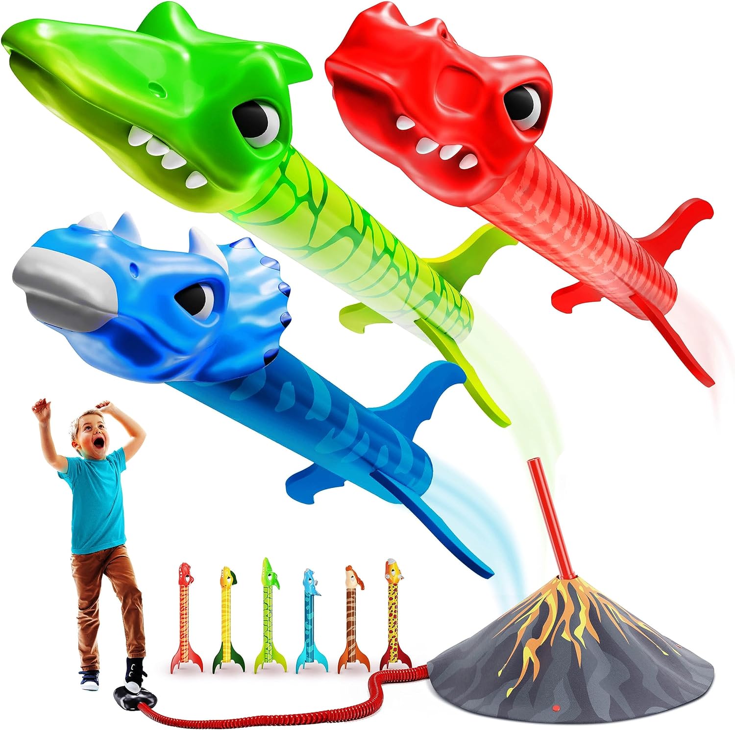 Lanceur de fusées pour enfants - Lance jusqu'à 100 mètres - 6 fusées en mousse colorées et support de lancement solide, rampe de lancement en forme de souche - Jouets d'extérieur amusants pour les enfants âgés de 3 ans et plus. De Speelgoed Koning