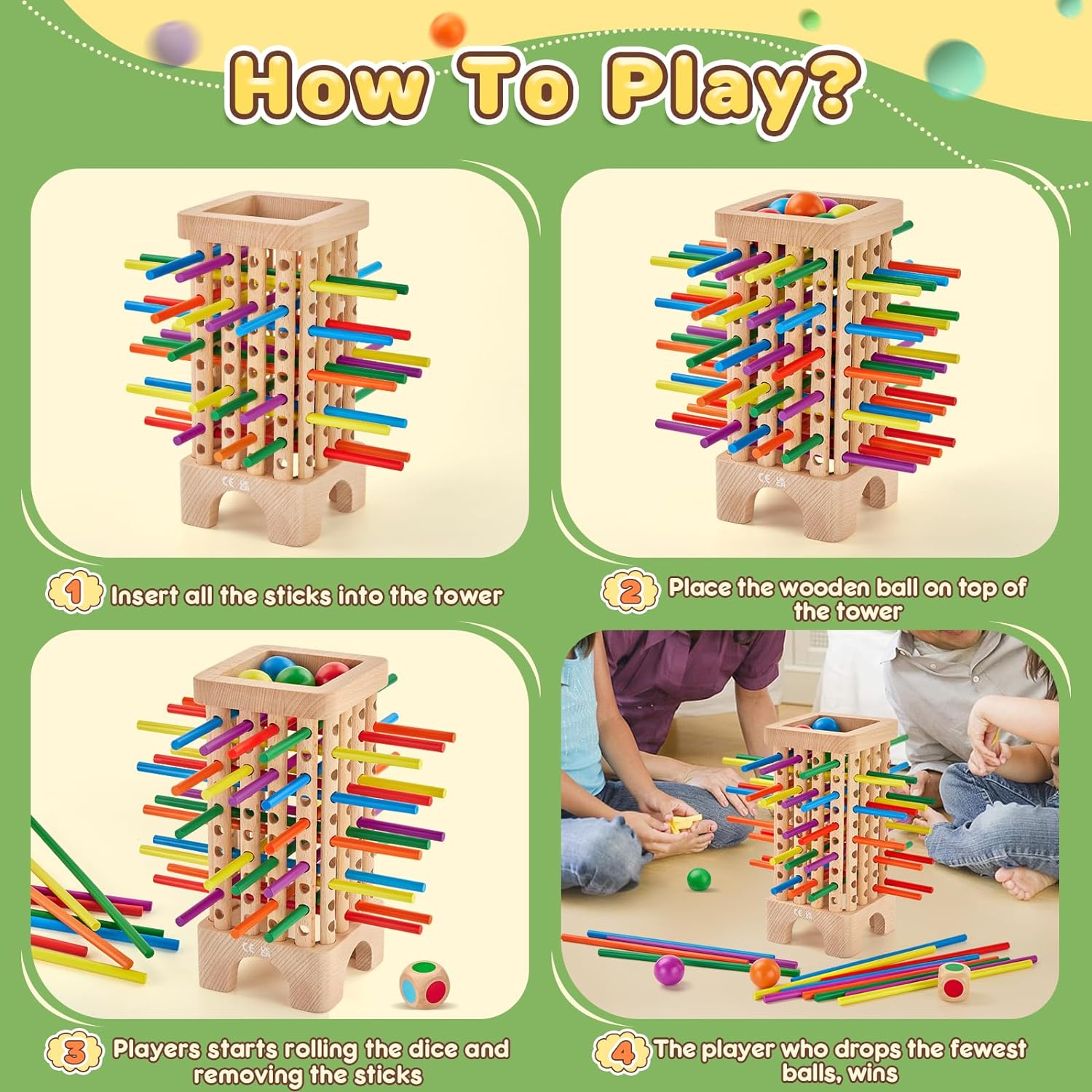 Jeu de Société en Bois Montessori | 42 Bâtonnets en Bois Colorés Jeu de Dés Éducatif Mathématique pour Enfants de 3, 4, 5, 6 Ans