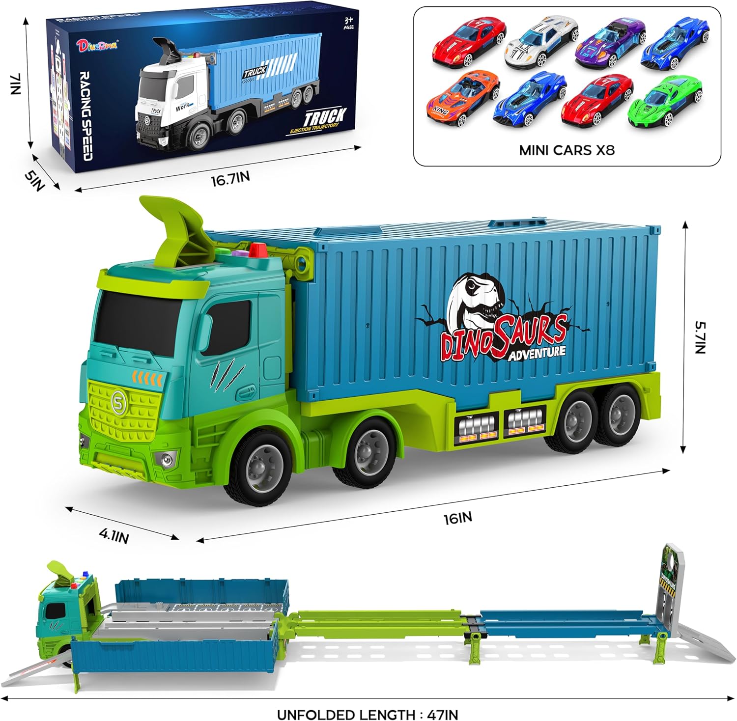 Piste de Course avec Camion Transporteur, Jouet 3 Couches, 8 Voitures de Course Incluses, Cadeau Enfant 3-6 Ans, Jouet Pliable pour Garçons et Filles King of Toys