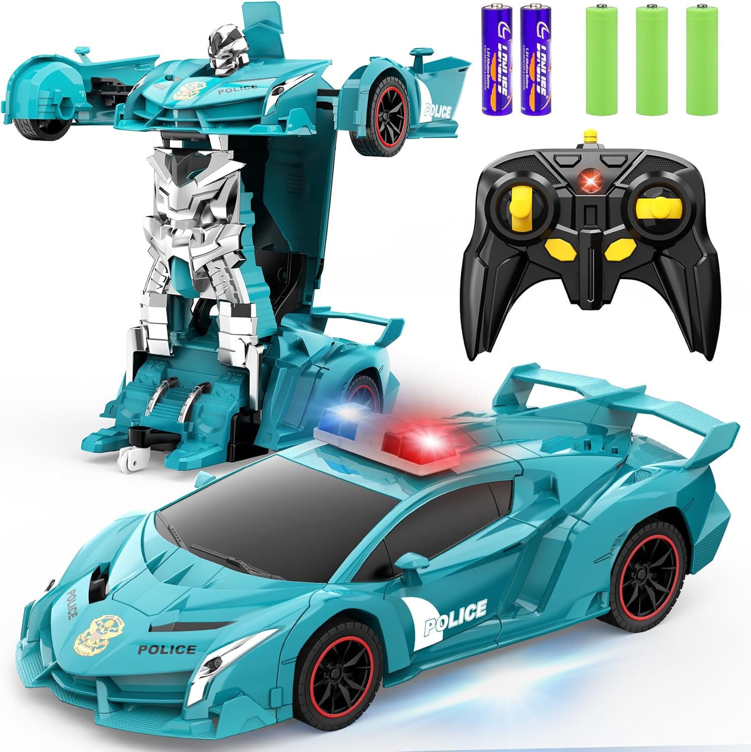 Voiture-robot transformable télécommandée | Voiture de police RC avec transformation à un bouton, lumière clignotante et rotation à 360° pour enfants King of Toys