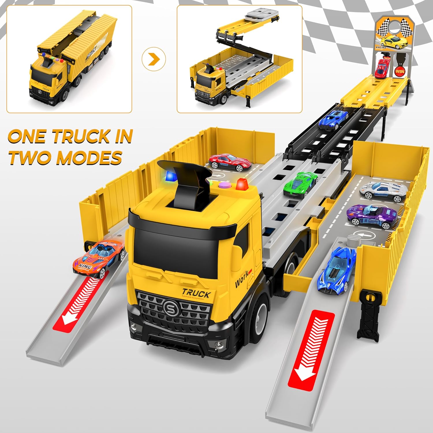 Piste de Course avec Camion Transporteur, Jouet 3 Couches, 8 Voitures de Course Incluses, Cadeau Enfant 3-6 Ans, Jouet Pliable pour Garçons et Filles King of Toys