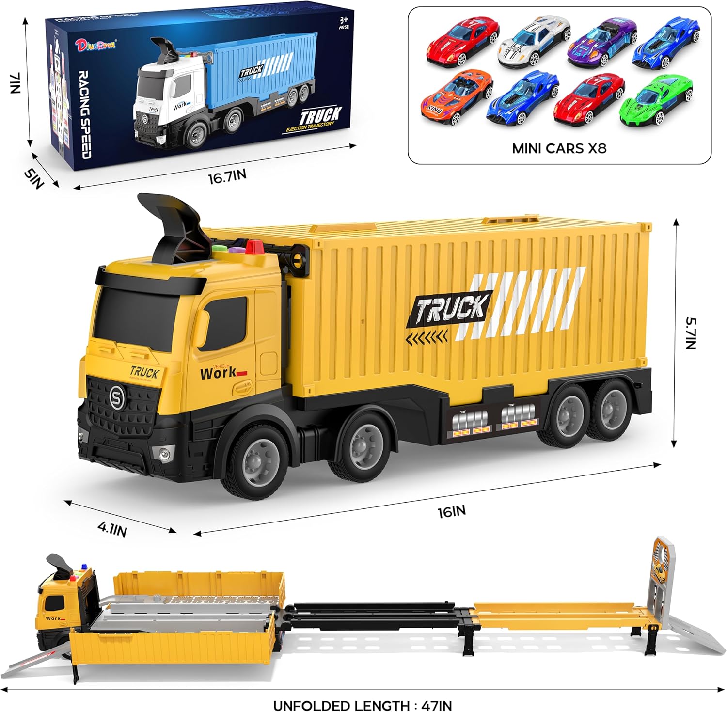 Piste de Course avec Camion Transporteur, Jouet 3 Couches, 8 Voitures de Course Incluses, Cadeau Enfant 3-6 Ans, Jouet Pliable pour Garçons et Filles King of Toys