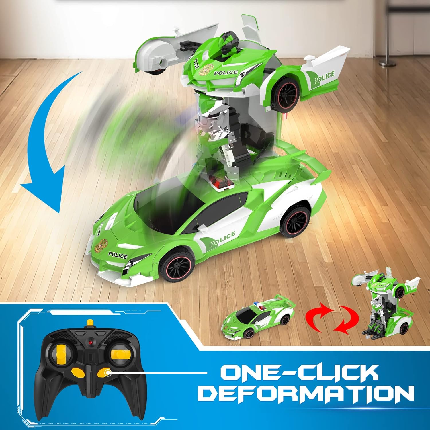 Voiture-robot transformable télécommandée | Voiture de police RC avec transformation à un bouton, lumière clignotante et rotation à 360° pour enfants King of Toys