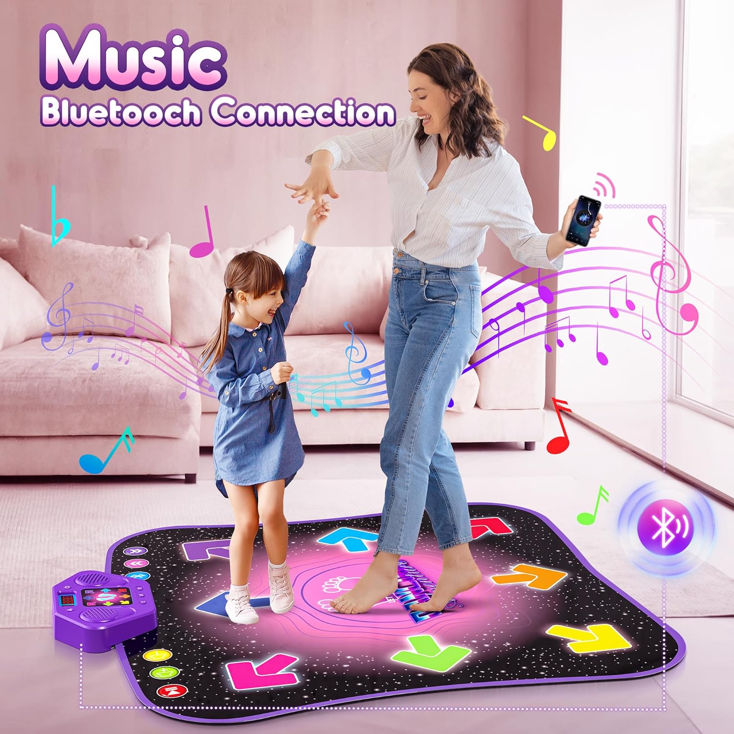 Tapis de Danse Électronique Bluetooth pour Enfants 3-12 Ans - Tapis de Jeu Musical Lumineux 6 Boutons avec 5 Modes - Cadeau Anniversaire Noël Fille