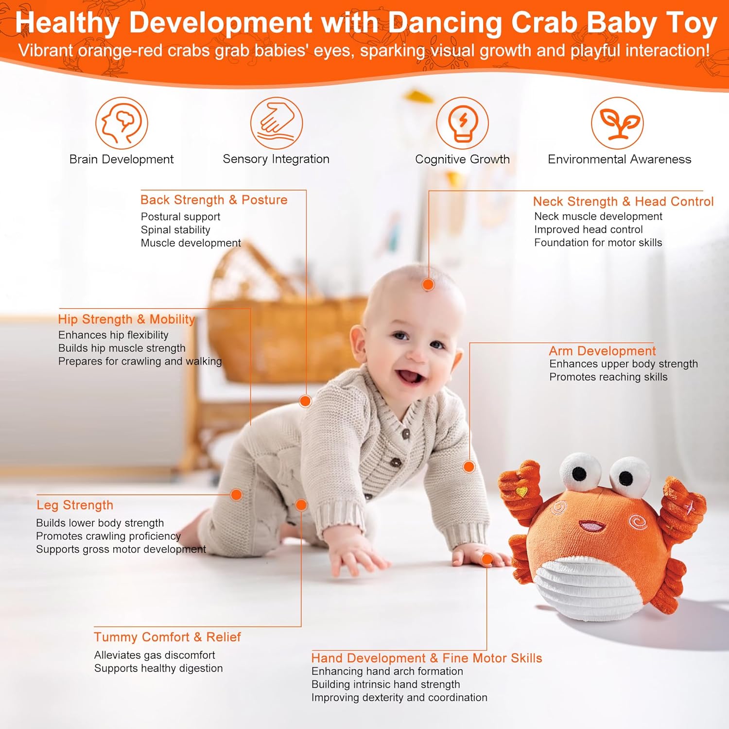 Crabe Musical rampant Jouet Bébé 0-12 Mois - Jouet Sensoriel Dansant avec Son et Fonction d'Enregistrement pour Bébé, Tout-Petit, Garçons et Filles - Cadeau Interactif pour Stimuler l'Apprentissage de la Marche à Quatre Pattes
