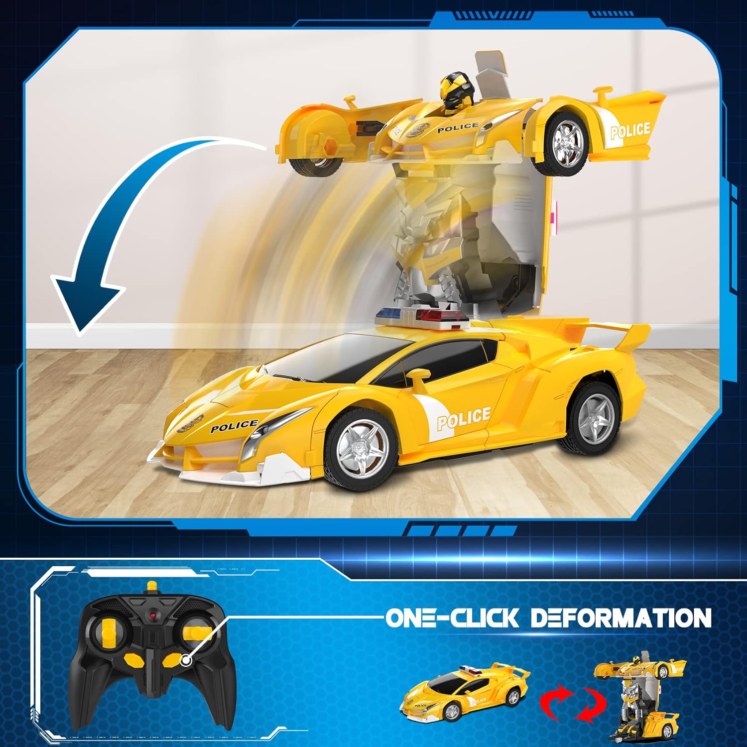 Voiture-robot transformable télécommandée | Voiture de police RC avec transformation à un bouton, lumière clignotante et rotation à 360° pour enfants King of Toys