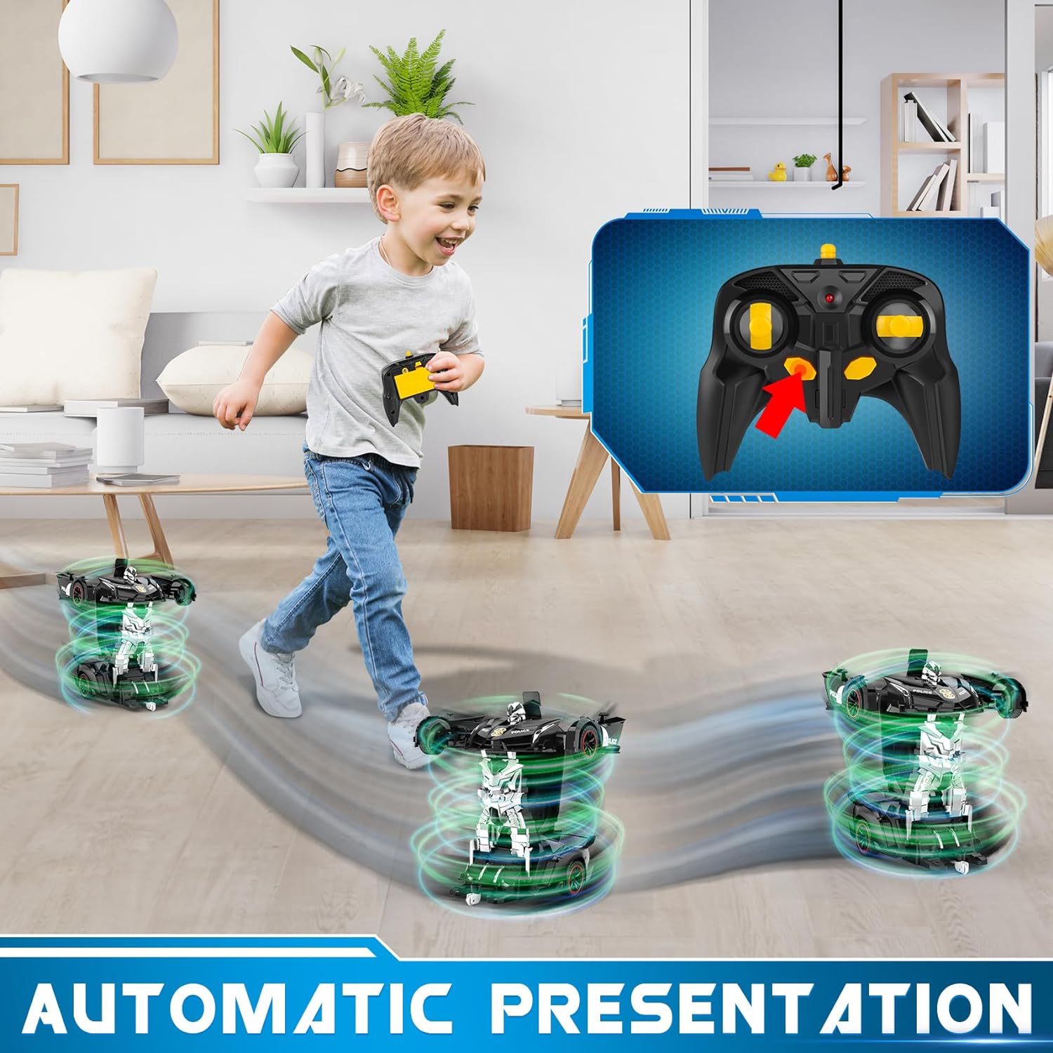 Voiture-robot transformable télécommandée | Voiture de police RC avec transformation à un bouton, lumière clignotante et rotation à 360° pour enfants King of Toys