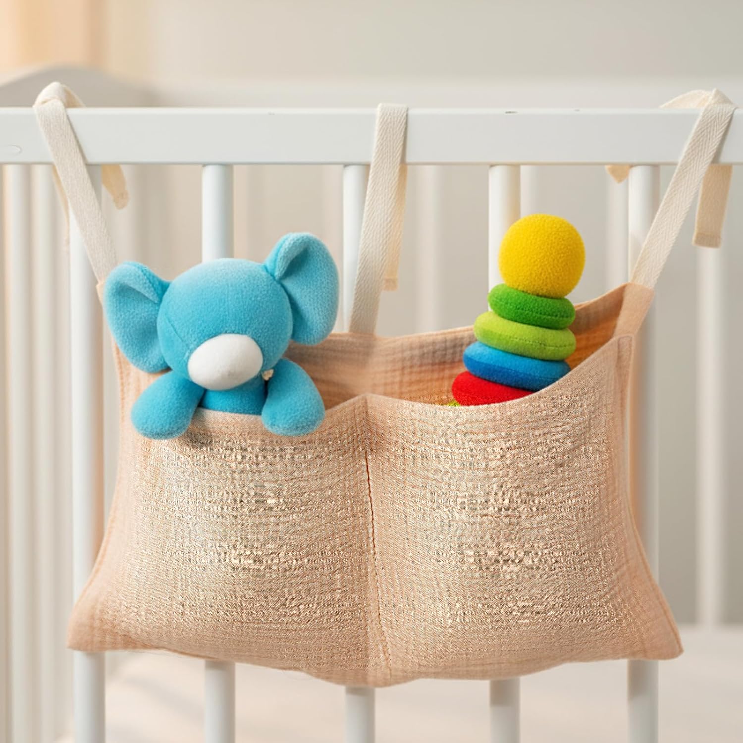 Sac de Rangement Suspendu pour Lit Bébé | Organisateur de Couches en Coton avec 2 Poches – Rangement pour Biberons, Jouets et Vêtements