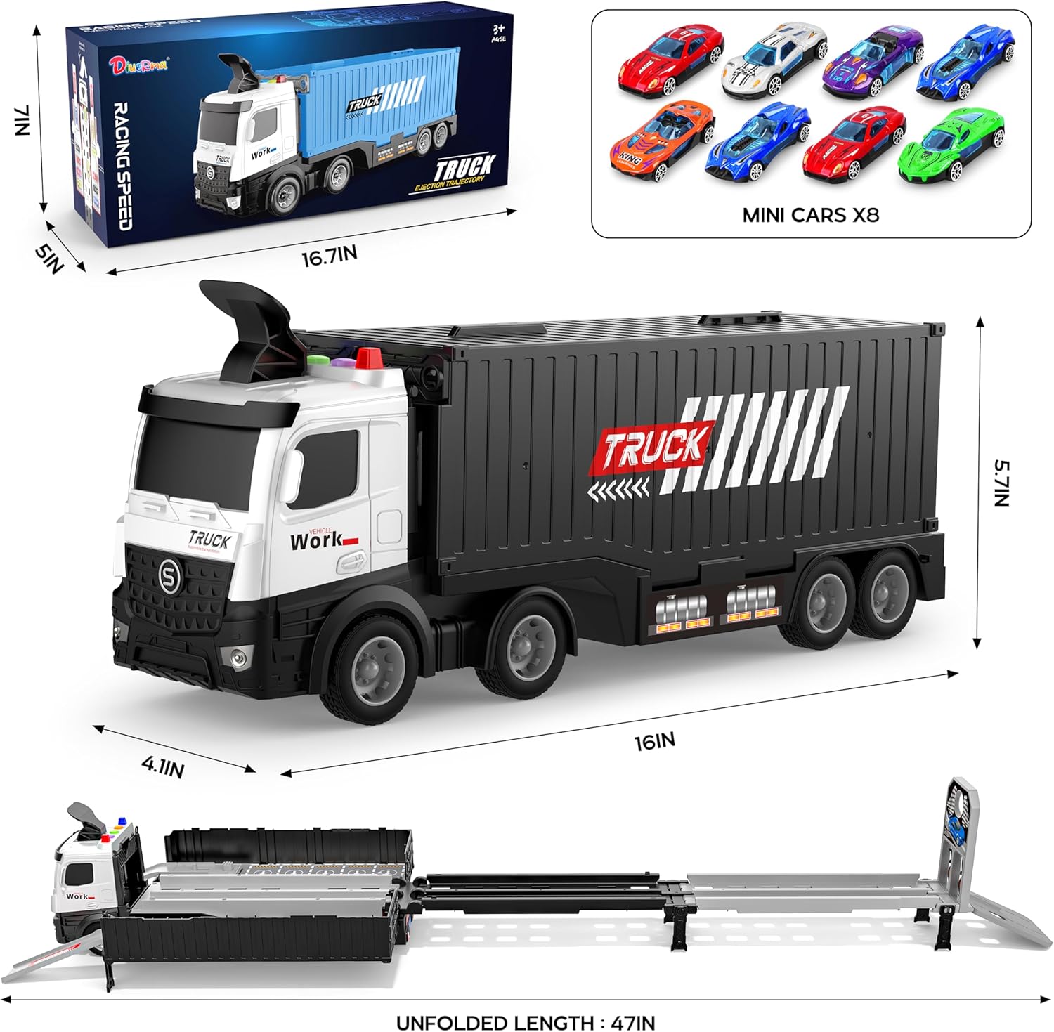 Piste de Course avec Camion Transporteur, Jouet 3 Couches, 8 Voitures de Course Incluses, Cadeau Enfant 3-6 Ans, Jouet Pliable pour Garçons et Filles King of Toys