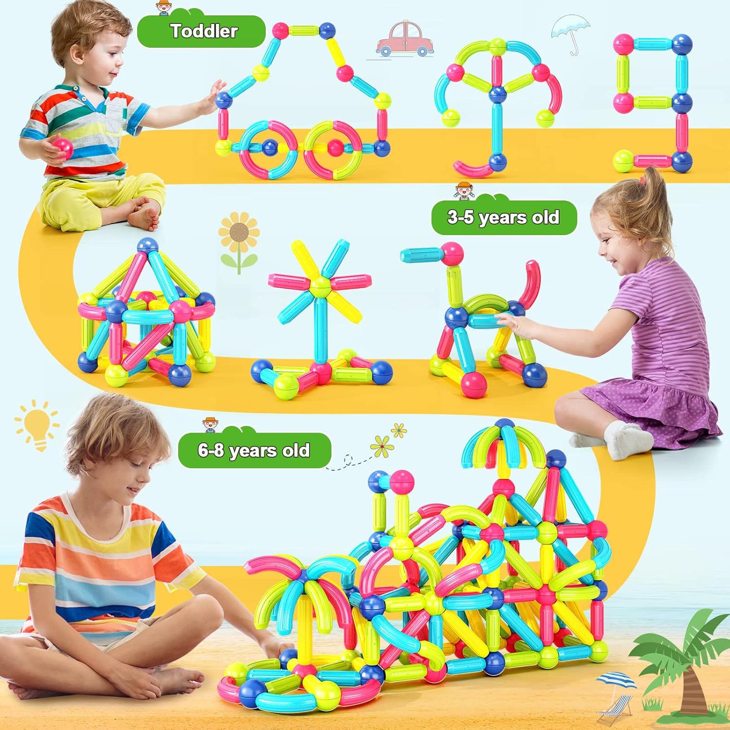 Blocs magnétiques de construction DIY Montessori | Jouets sensoriels STEM géométriques éducatifs pour tout-petits de 1, 2, 3 ans et plus