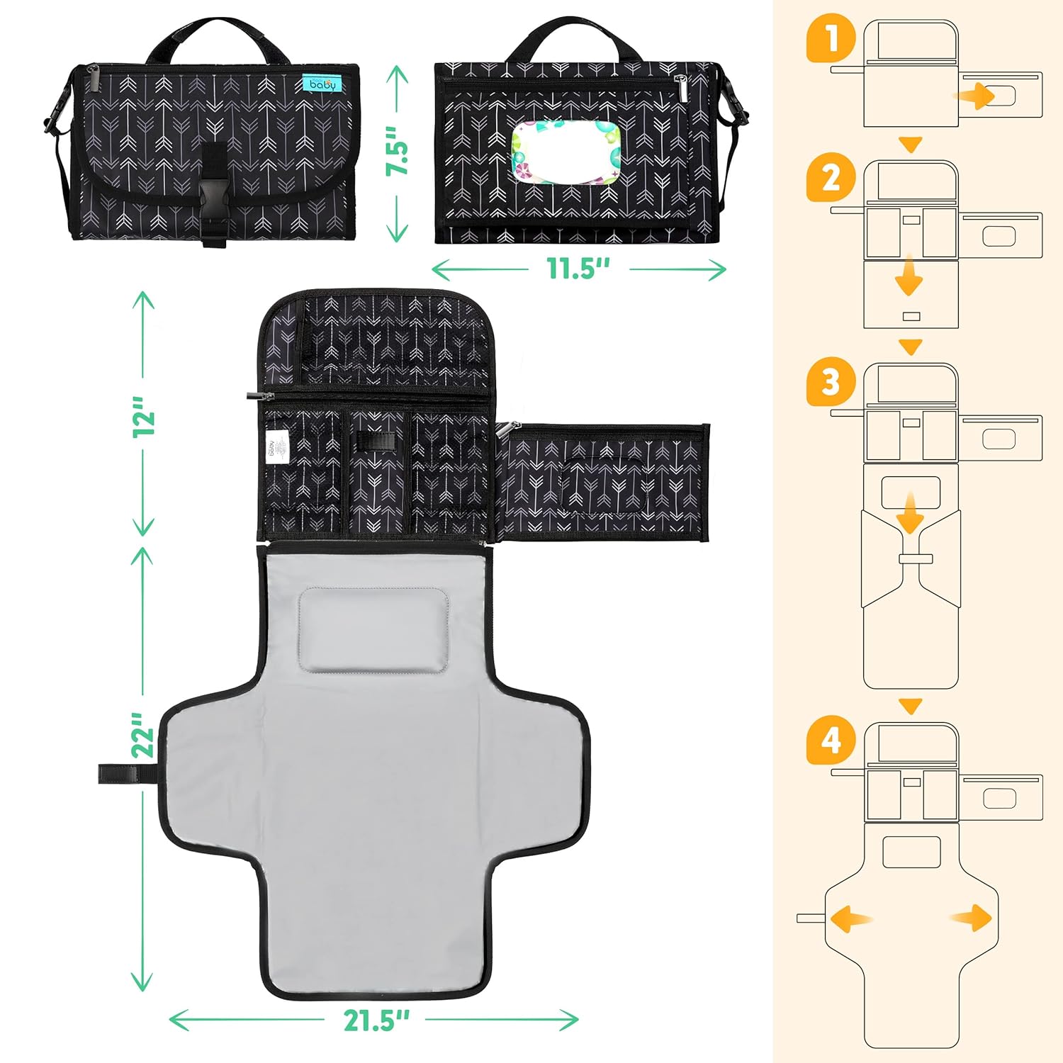 Matelas à Langer Portable Pliable pour Bébé - Kit de Voyage 3-en-1 avec Poches et Tapis à Langer Imperméable pour Nouveau-Né