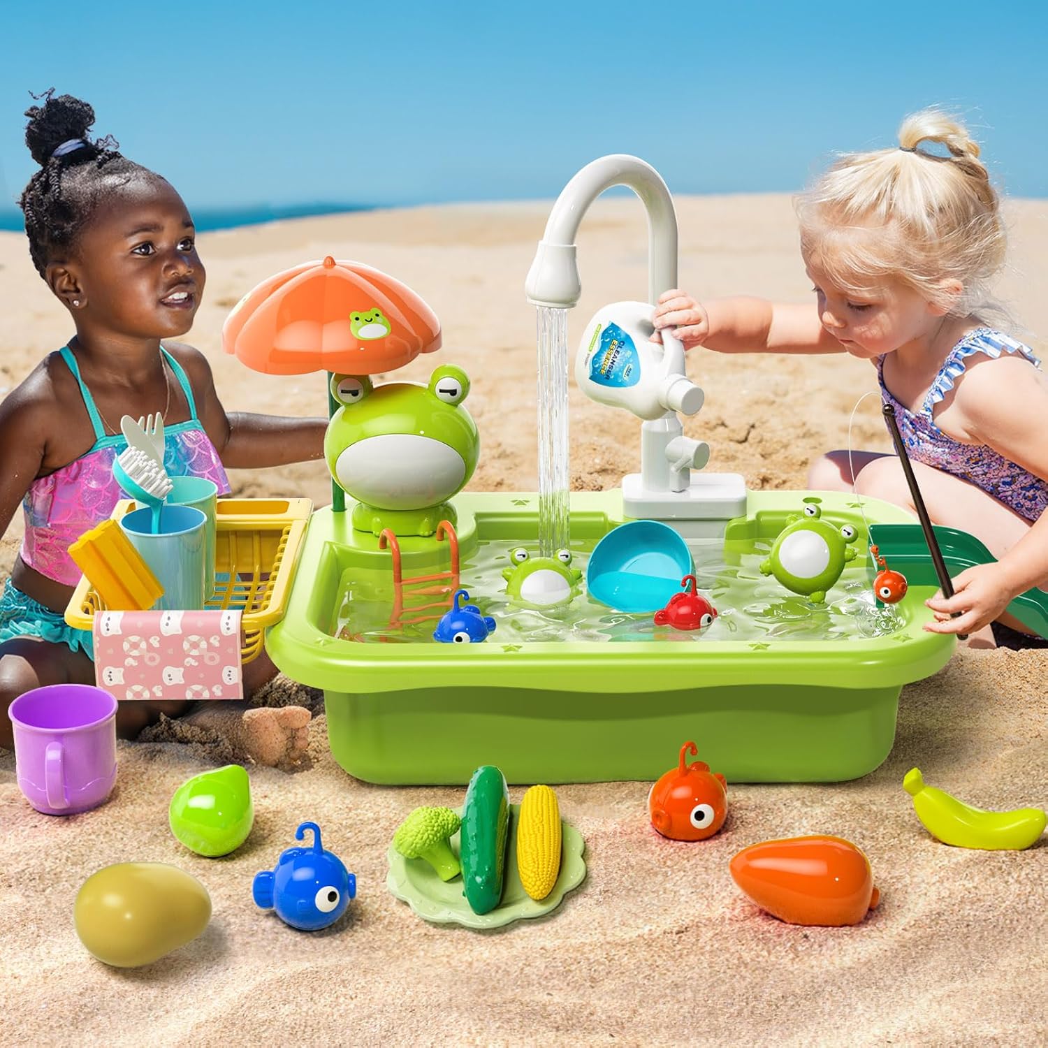 Évier de cuisine de jeu avec eau courante | Robinet électrique, jouets flottants et jeu de pêche | Jeu de rôle pour enfants 3+ King of Toys