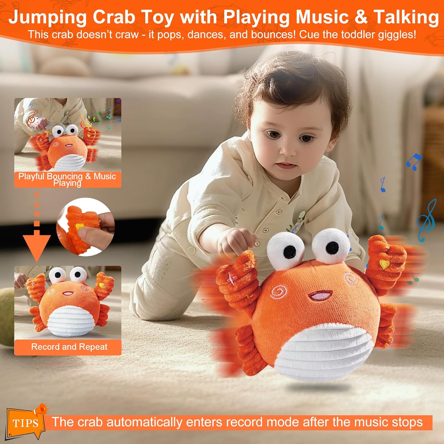 Crabe Musical rampant Jouet Bébé 0-12 Mois - Jouet Sensoriel Dansant avec Son et Fonction d'Enregistrement pour Bébé, Tout-Petit, Garçons et Filles - Cadeau Interactif pour Stimuler l'Apprentissage de la Marche à Quatre Pattes