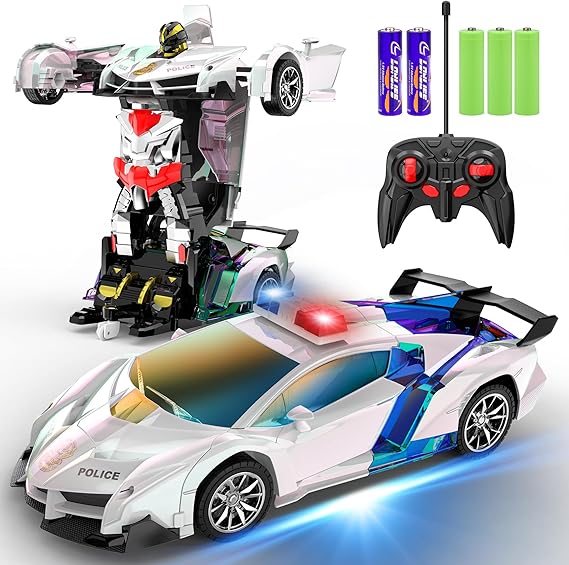 Voiture-robot transformable télécommandée | Voiture de police RC avec transformation à un bouton, lumière clignotante et rotation à 360° pour enfants King of Toys