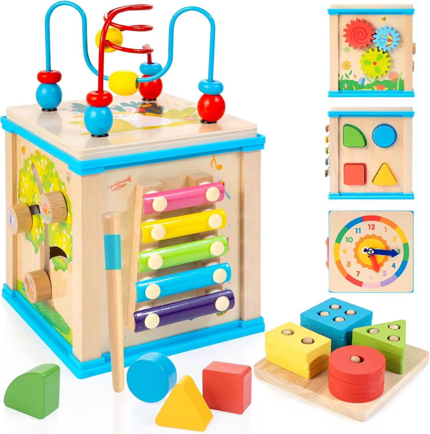 Cube d'Activités en Bois 7-en-1 pour Bébé 1 An et Plus - Jouet Montessori Éducatif pour Tout-Petits Garçons et Filles - Cadeau d'Anniversaire Idéal