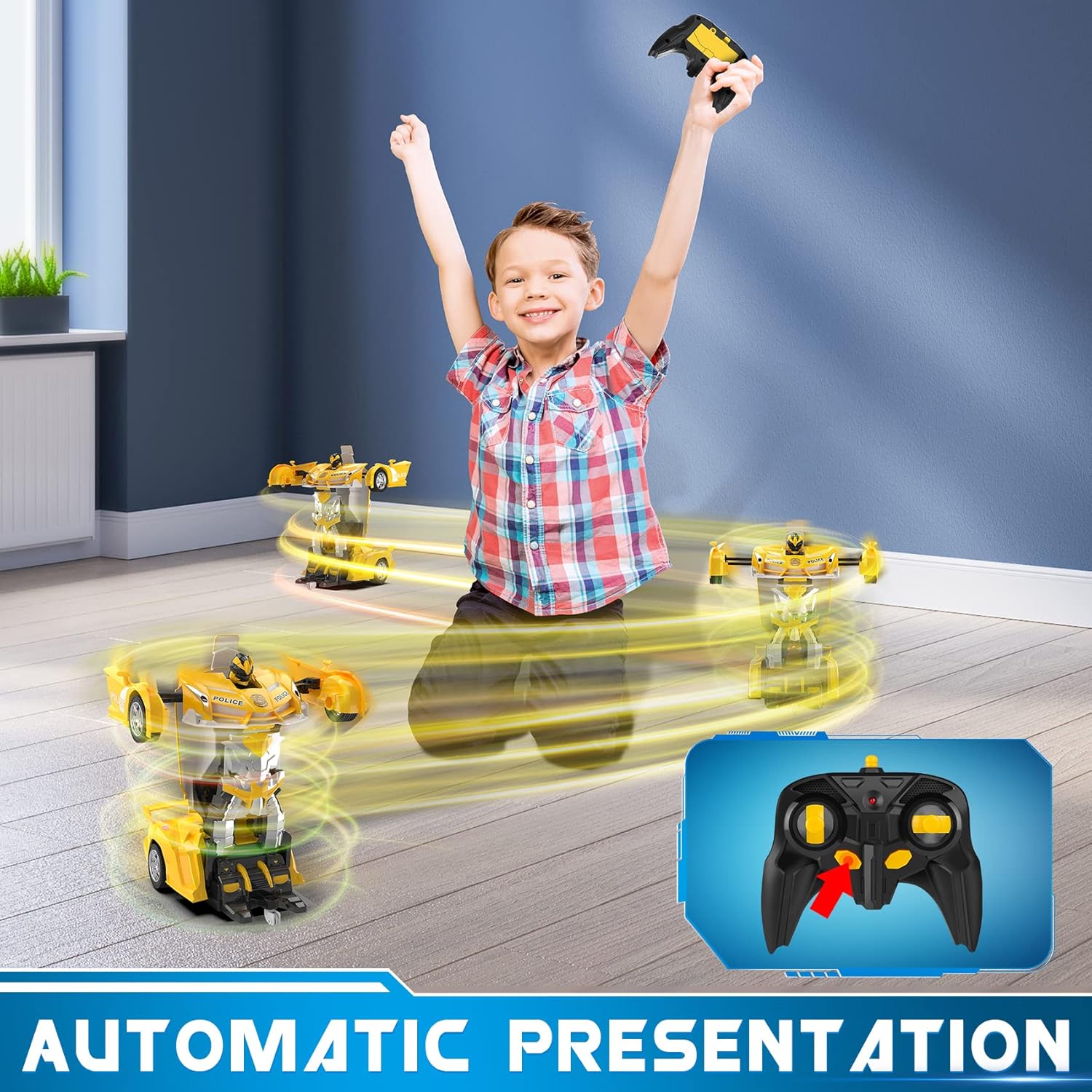 Voiture-robot transformable télécommandée | Voiture de police RC avec transformation à un bouton, lumière clignotante et rotation à 360° pour enfants King of Toys