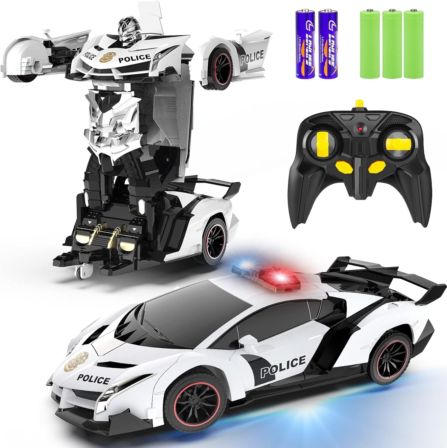Voiture-robot transformable télécommandée | Voiture de police RC avec transformation à un bouton, lumière clignotante et rotation à 360° pour enfants King of Toys