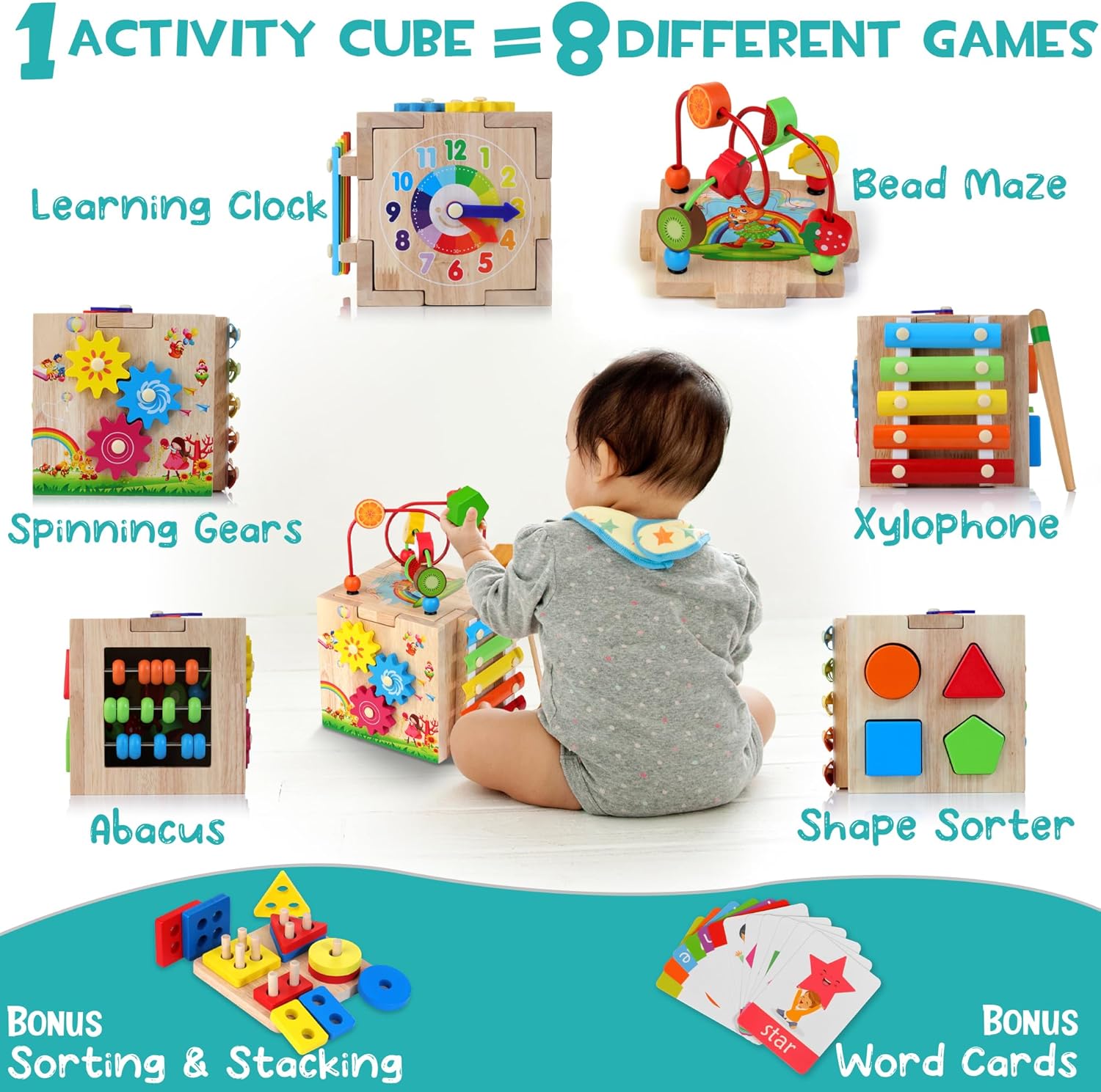 Cube d'activité en bois 8-en-1 pour bébé | Jouet Montessori d'apprentissage pour les 1-3 ans | Cadeau parfait pour un premier anniversaire King of Toys