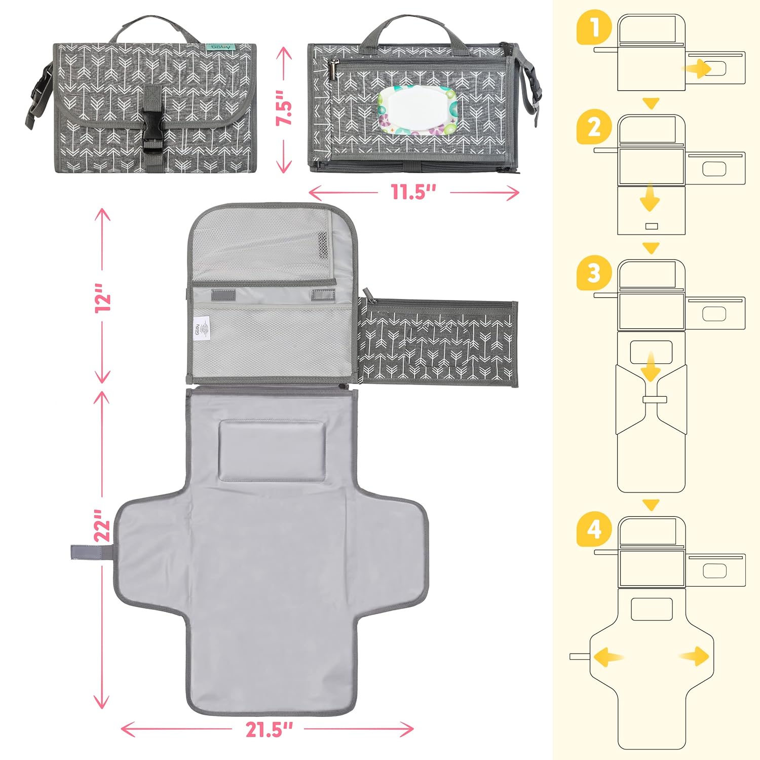 Matelas à Langer Portable Pliable pour Bébé - Kit de Voyage 3-en-1 avec Poches et Tapis à Langer Imperméable pour Nouveau-Né