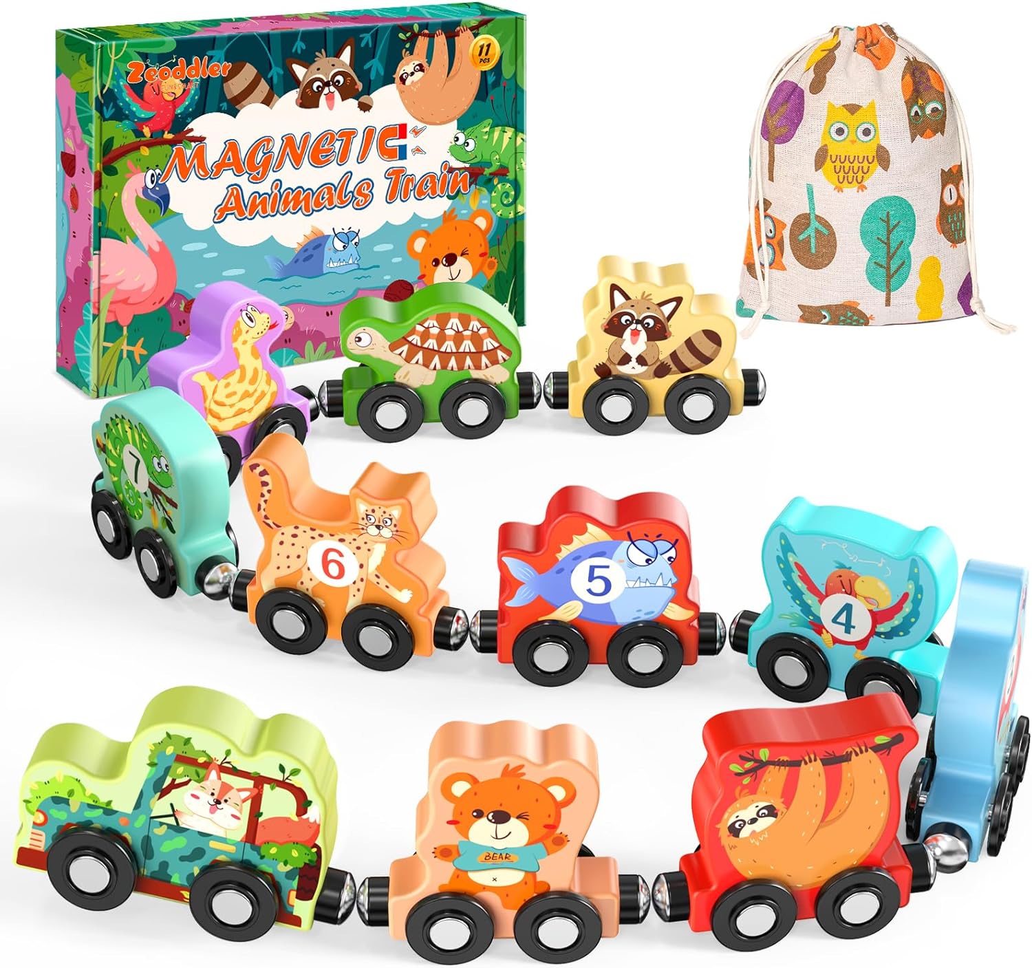 Ensemble de train en bois magnétique avec 11 animaux | Jouets Montessori pour activités d'apprentissage préscolaire des tout-petits King of Toys