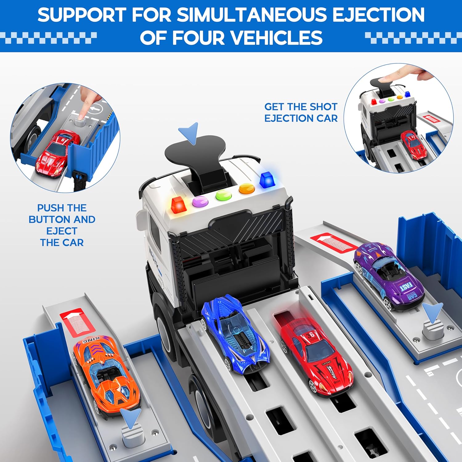 Piste de Course avec Camion Transporteur, Jouet 3 Couches, 8 Voitures de Course Incluses, Cadeau Enfant 3-6 Ans, Jouet Pliable pour Garçons et Filles King of Toys