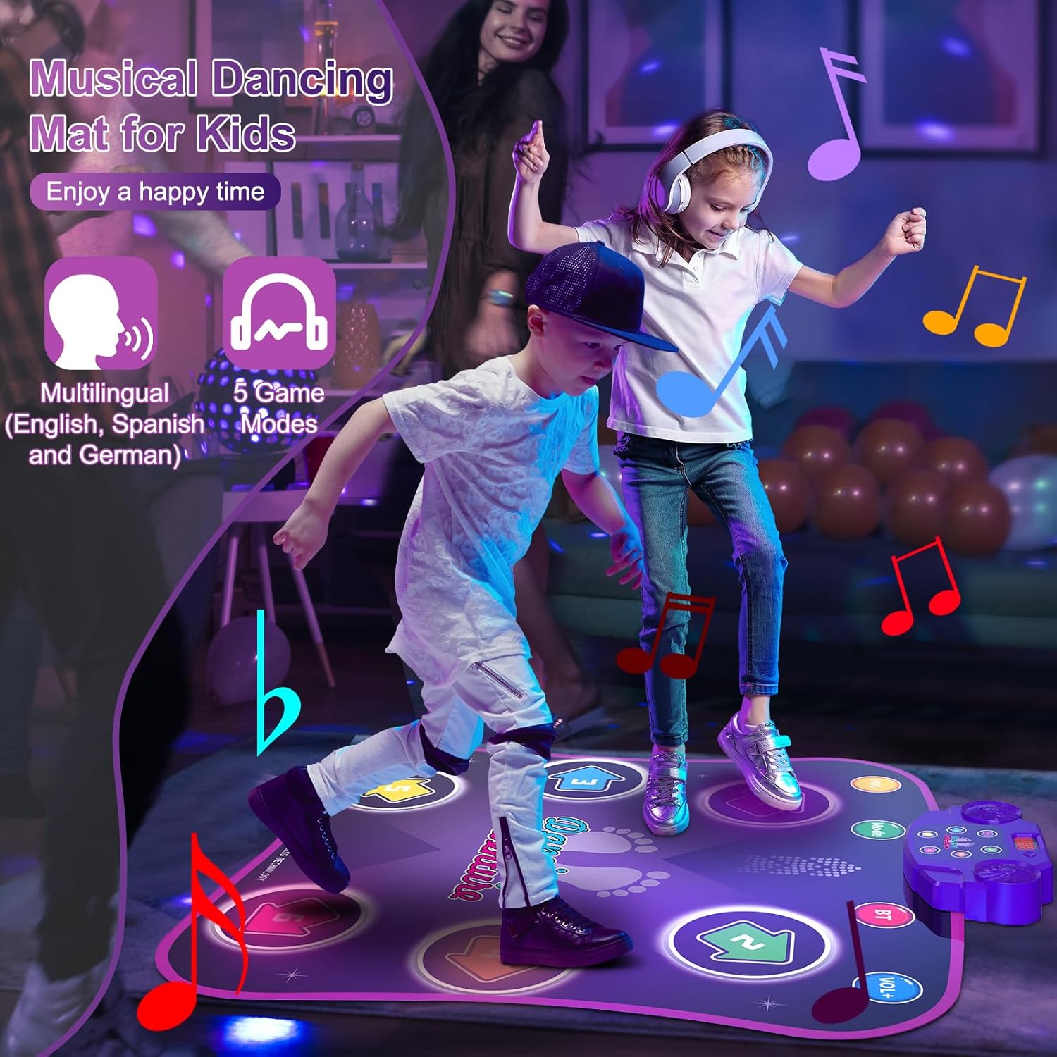 Tapis de Danse Électronique Bluetooth pour Enfants 3-12 Ans - Tapis de Jeu Musical Lumineux 6 Boutons avec 5 Modes - Cadeau Anniversaire Noël Fille
