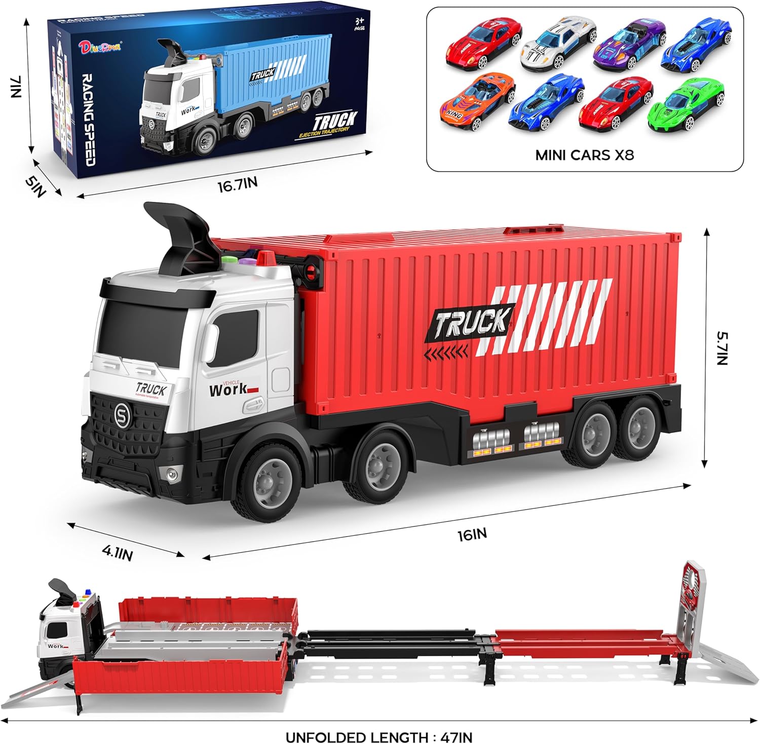 Piste de Course avec Camion Transporteur, Jouet 3 Couches, 8 Voitures de Course Incluses, Cadeau Enfant 3-6 Ans, Jouet Pliable pour Garçons et Filles King of Toys
