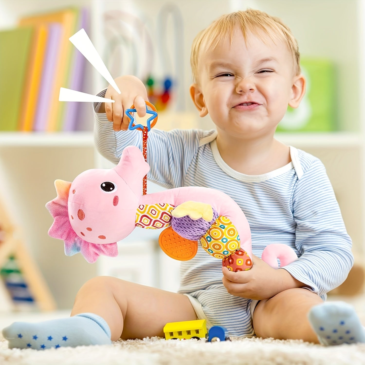 Hippocampe Musical en Peluche pour Bébé - Jouet Sensoriel Doux avec Hochet et Sons Froissés pour Nouveau-Né Fille Garçon - Cadeau de Naissance