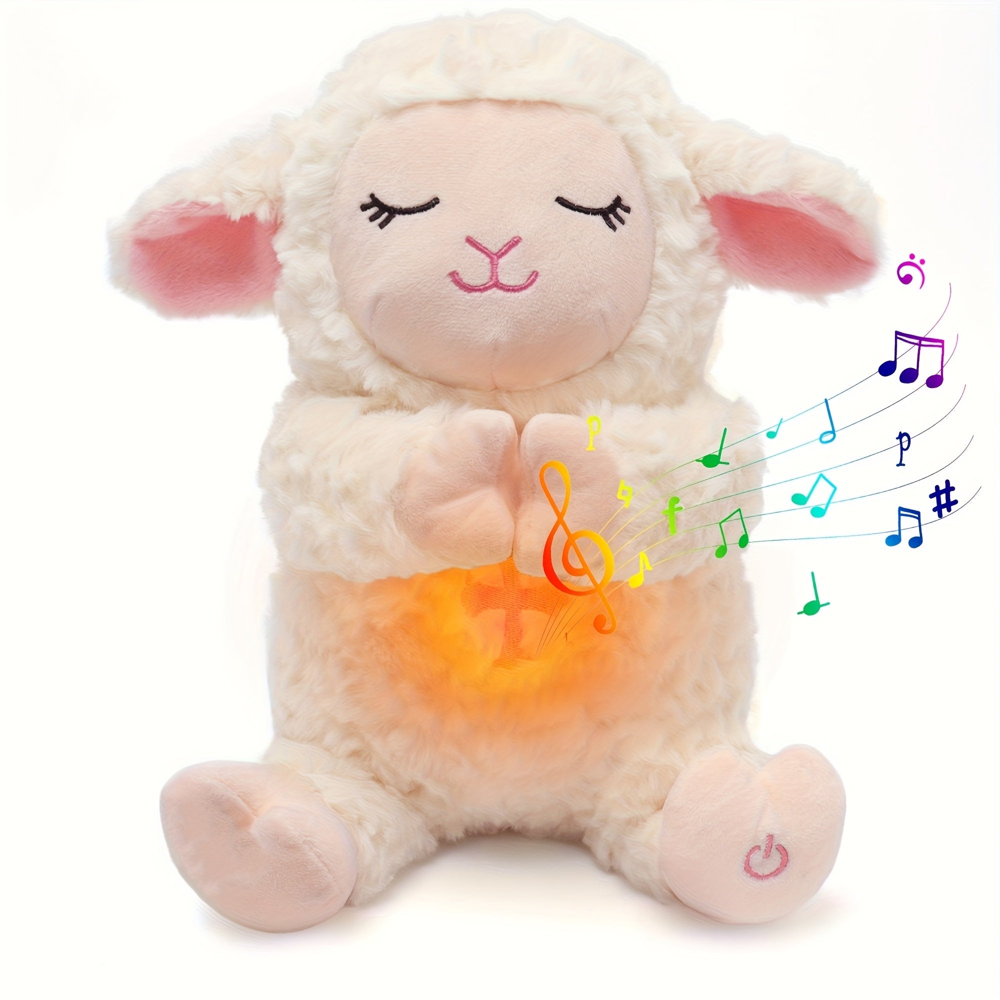 Agneau en Peluche Musical & Respirant – 8 Mélodies Douces, Bruit Blanc, Veilleuse & Volume Réglable | Cadeau de Naissance