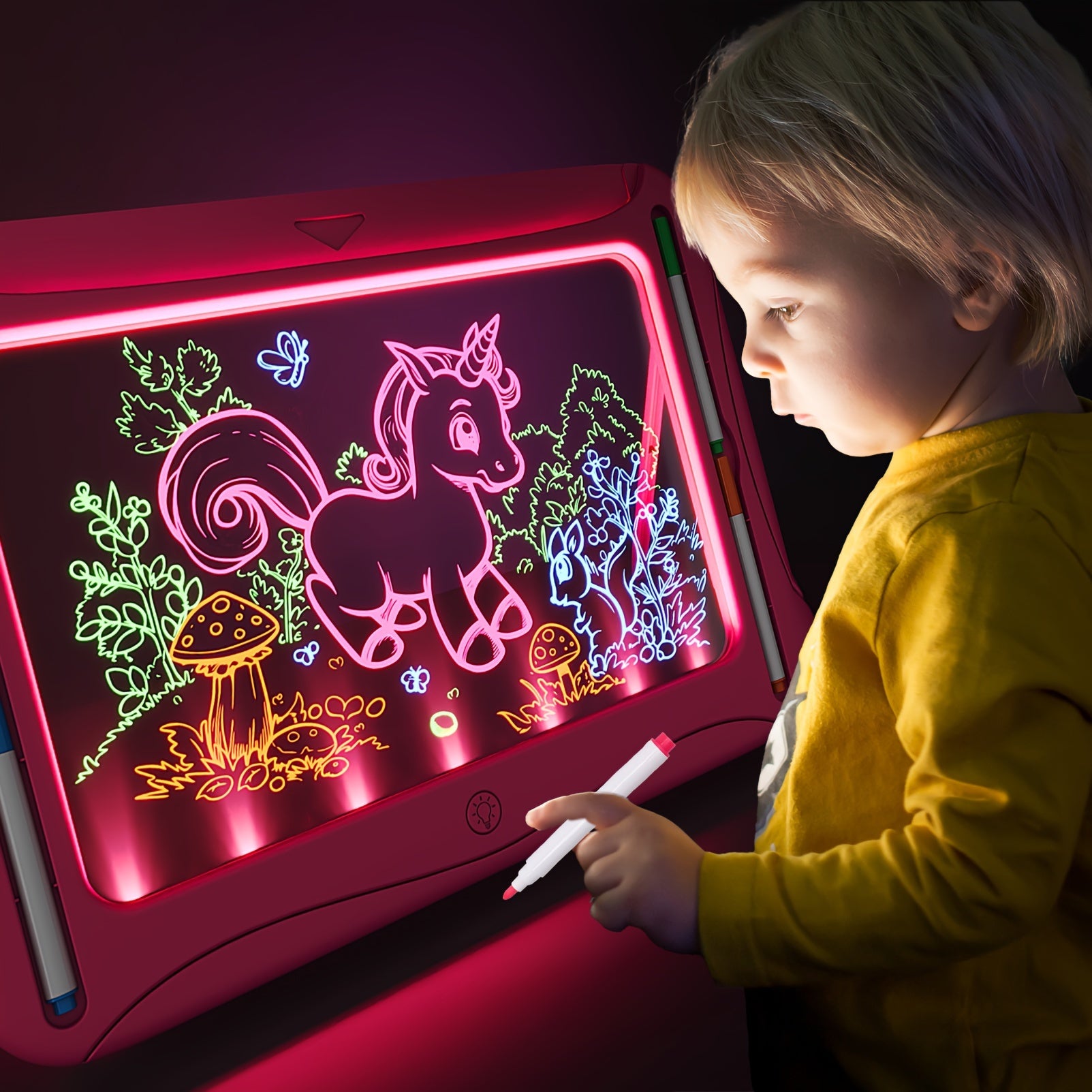 Tablette de dessin lumineuse LED | Planche à dessin magique avec 9 cartes recto-verso & 6 marqueurs – Jouet éducatif pour filles et garçons de 3 à 8 ans
